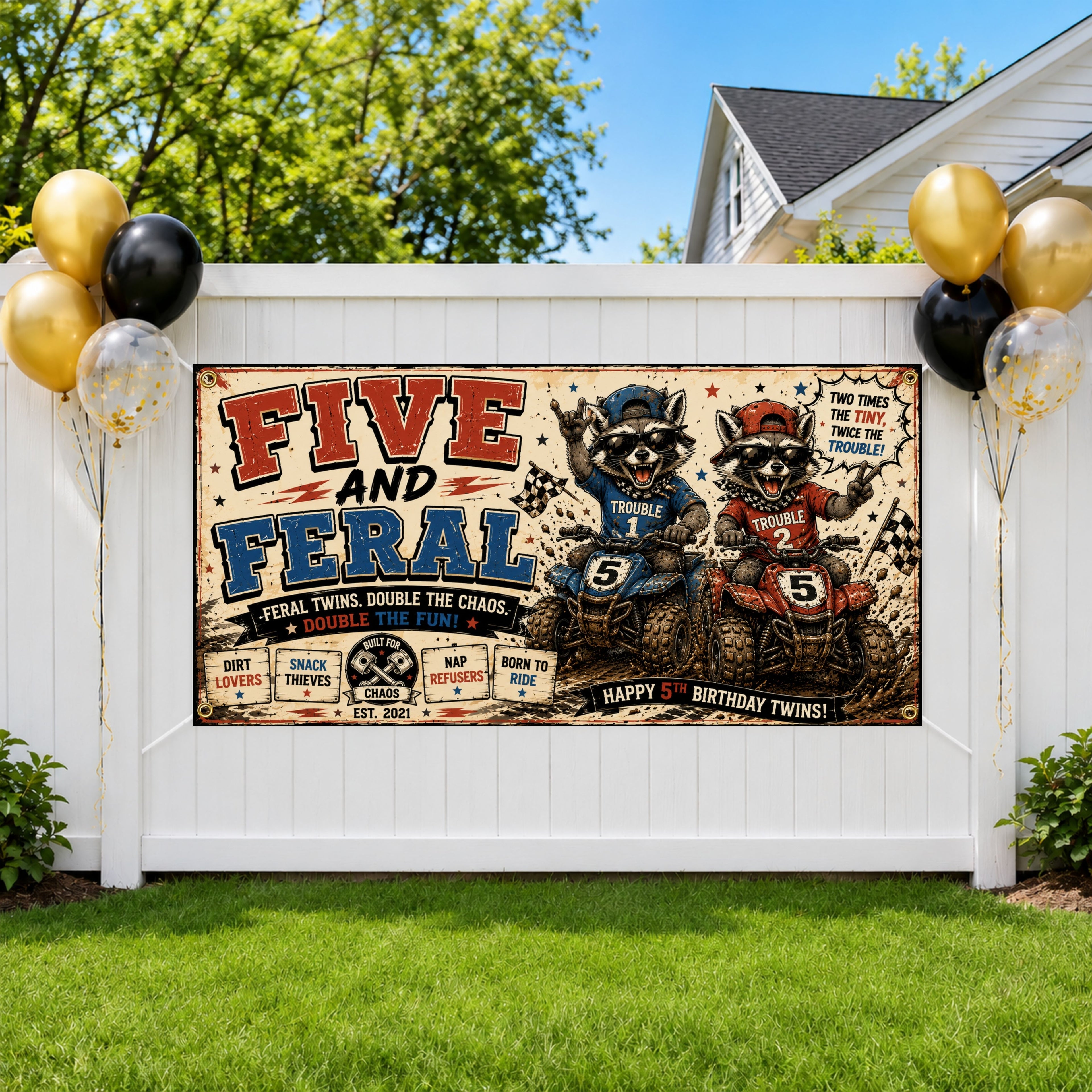 Funny 5th Birthday Banner, Twin ATV Raccoon Sign, Personalized Kids Birthday Banner