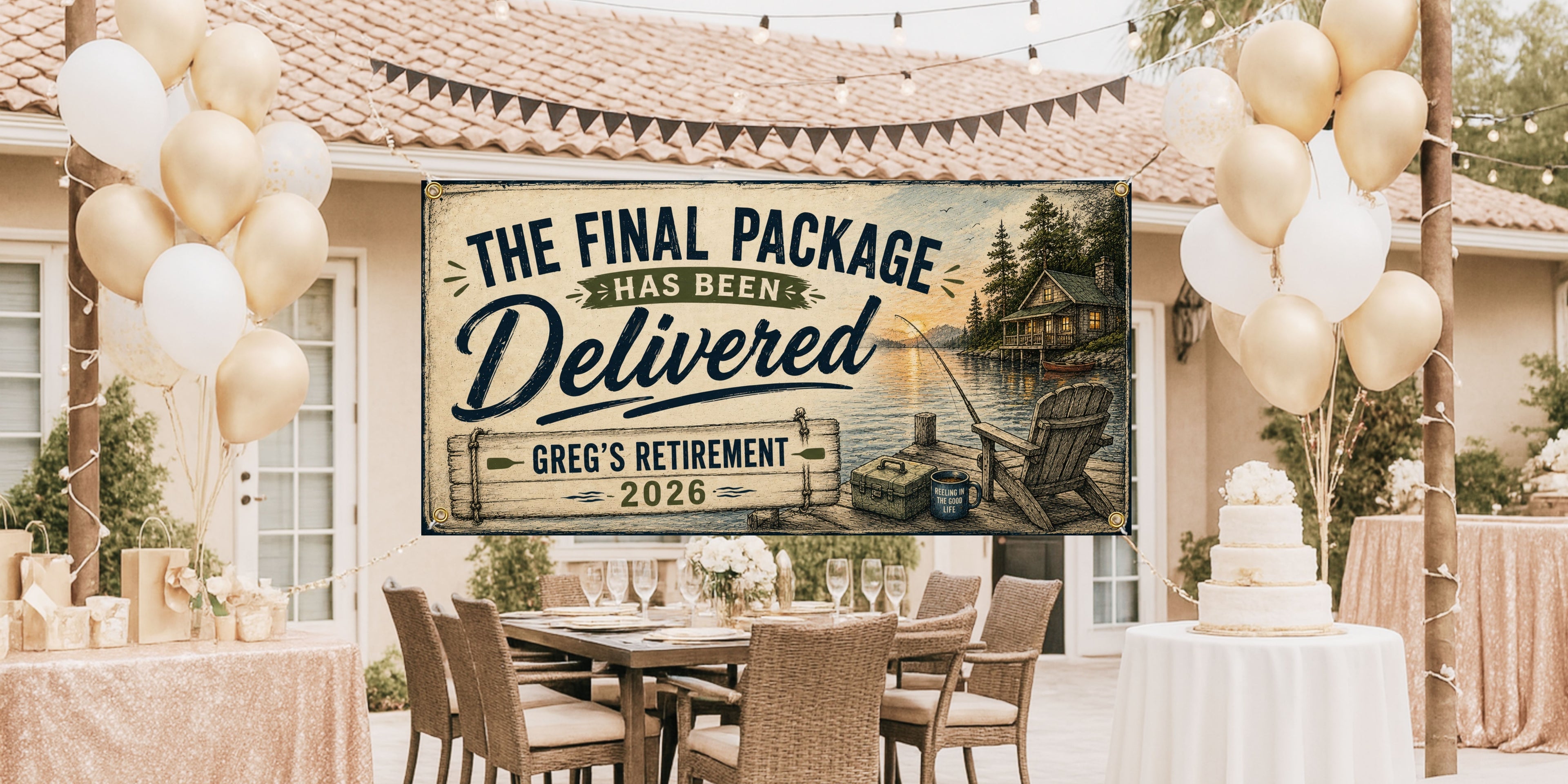 Delivery Driver Retirement Banner | Final Package Delivered Fishing Lake Cabin