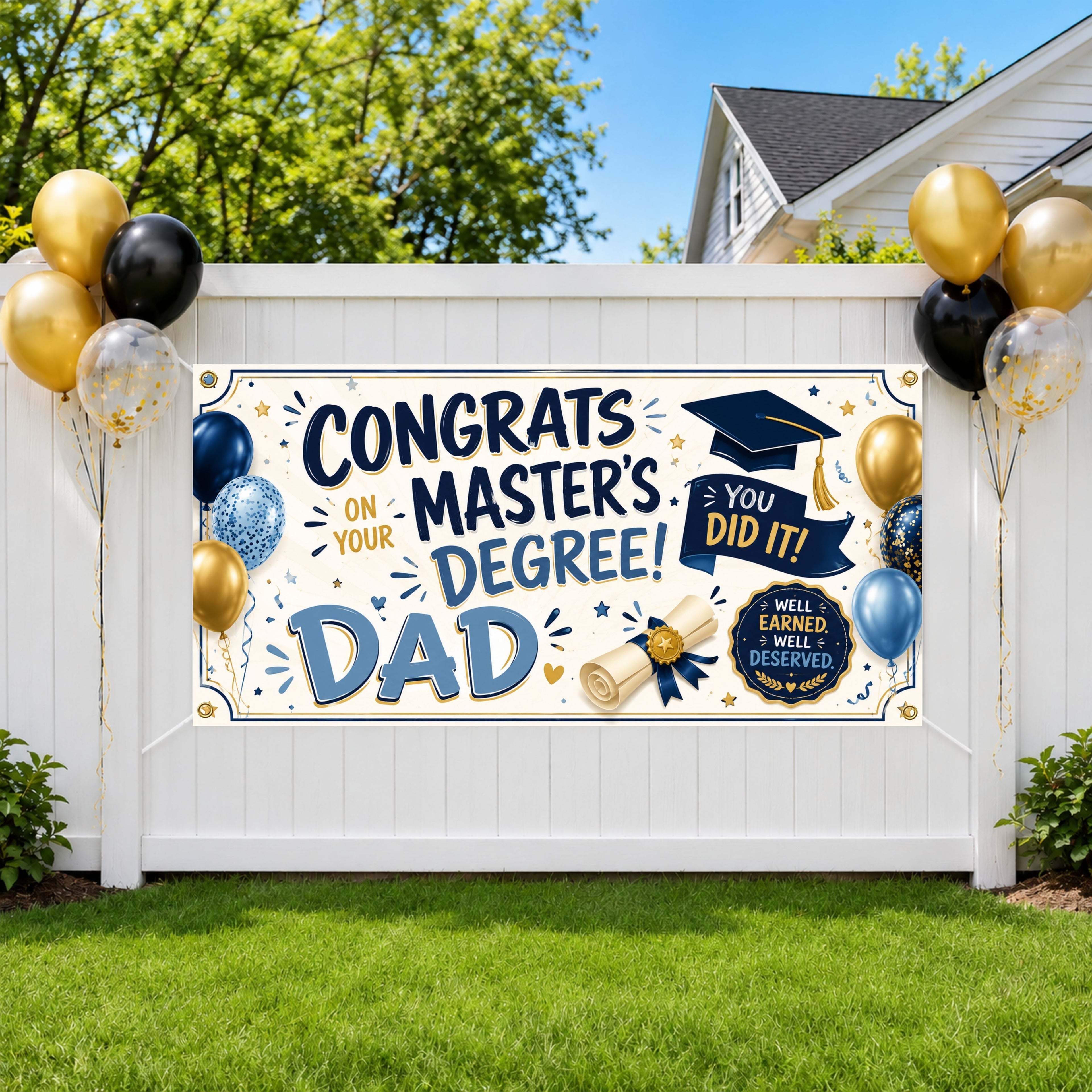 Masters Degree Banner, Dad Graduation Party Sign, Masters Grad Backdrop