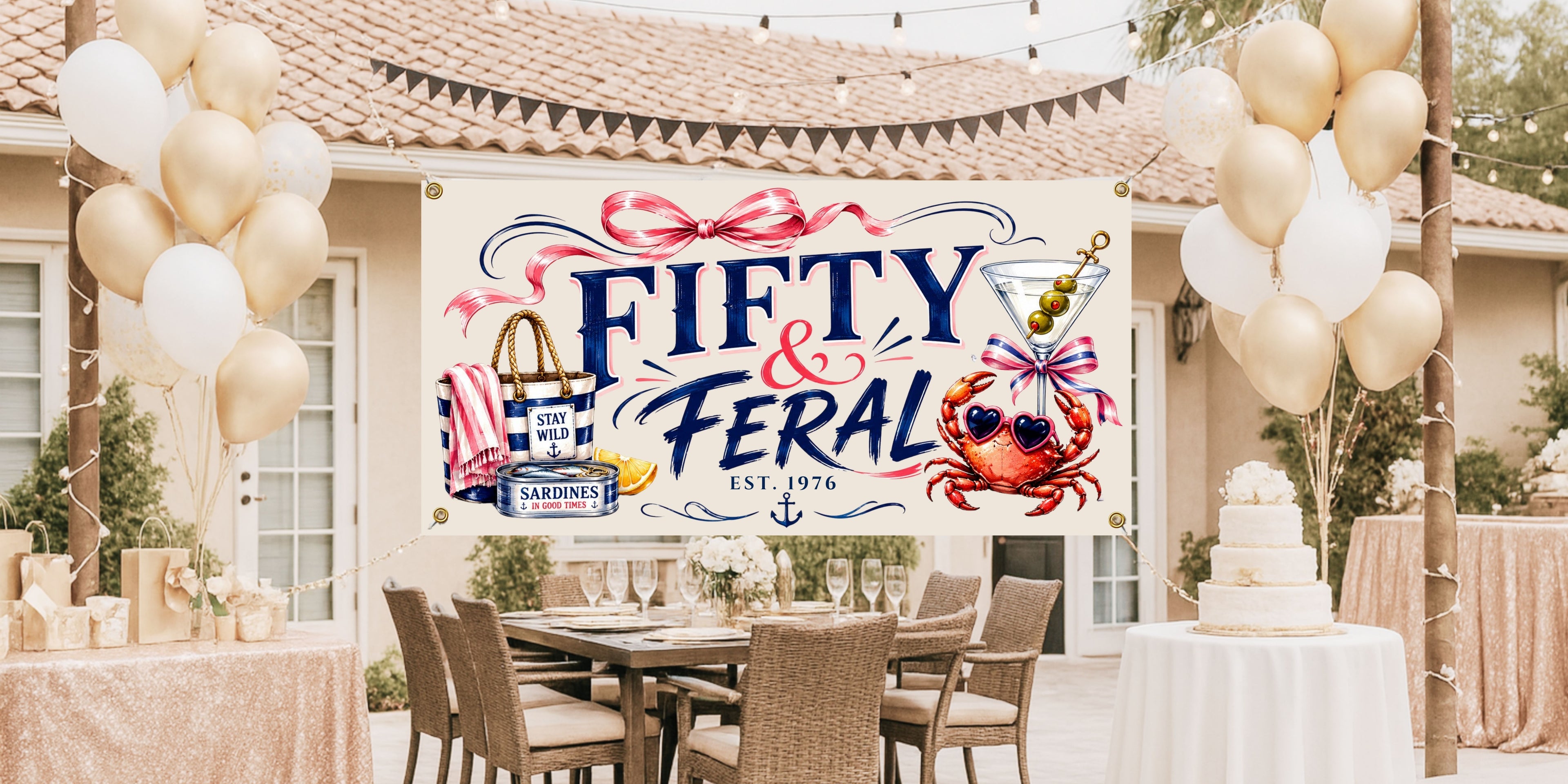 Fifty & Feral 50th Birthday Banner, Coastal  Grandmillennial Birthday Party Decor