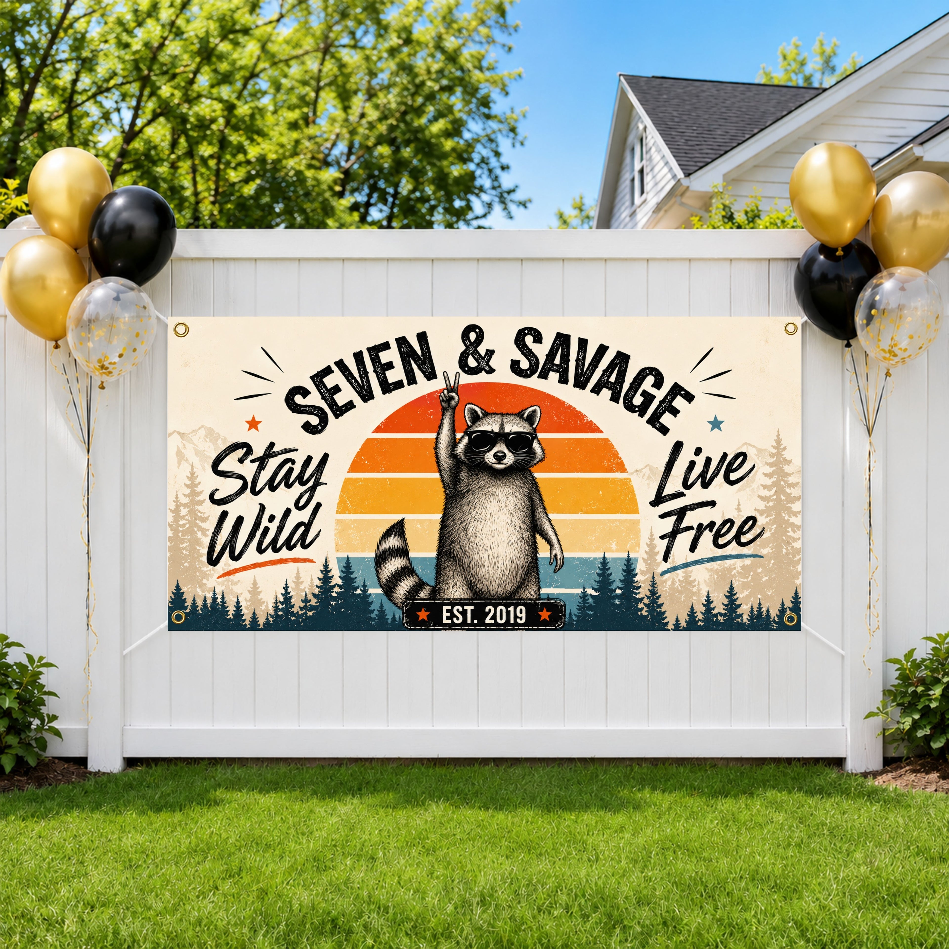 7th Birthday Banner, Seven And Savage Party Sign, Raccoon Backdrop