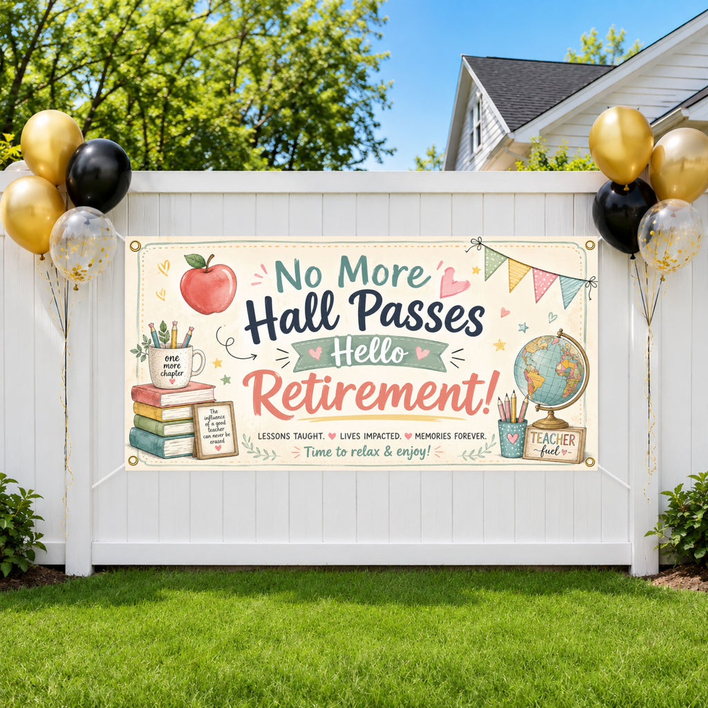 Teacher Retirement Banner, No More Hall Passes Sign, School Farewell Backdrop