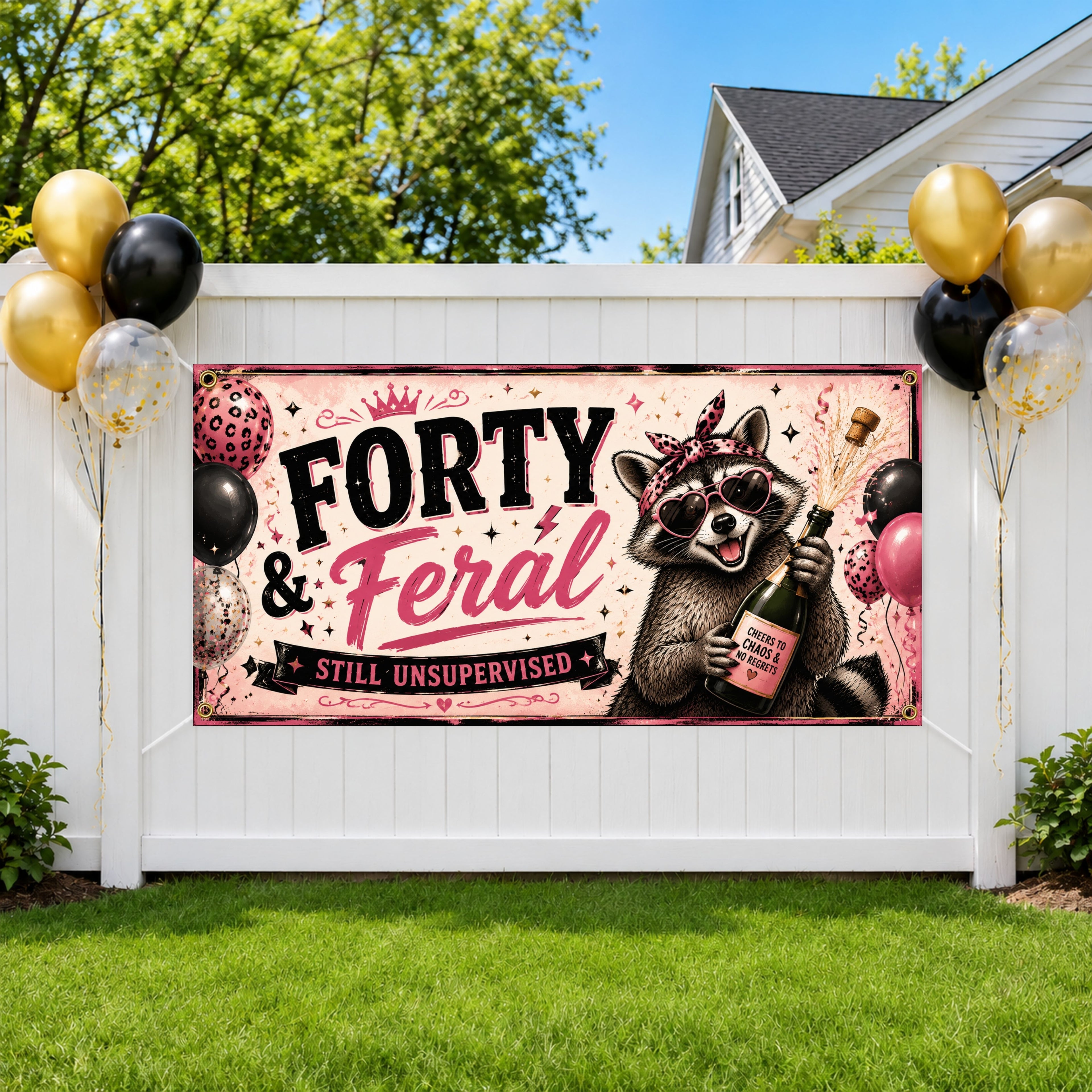 40th Birthday Banner, Forty and Feral Party Backdrop, Funny Raccoon Sign
