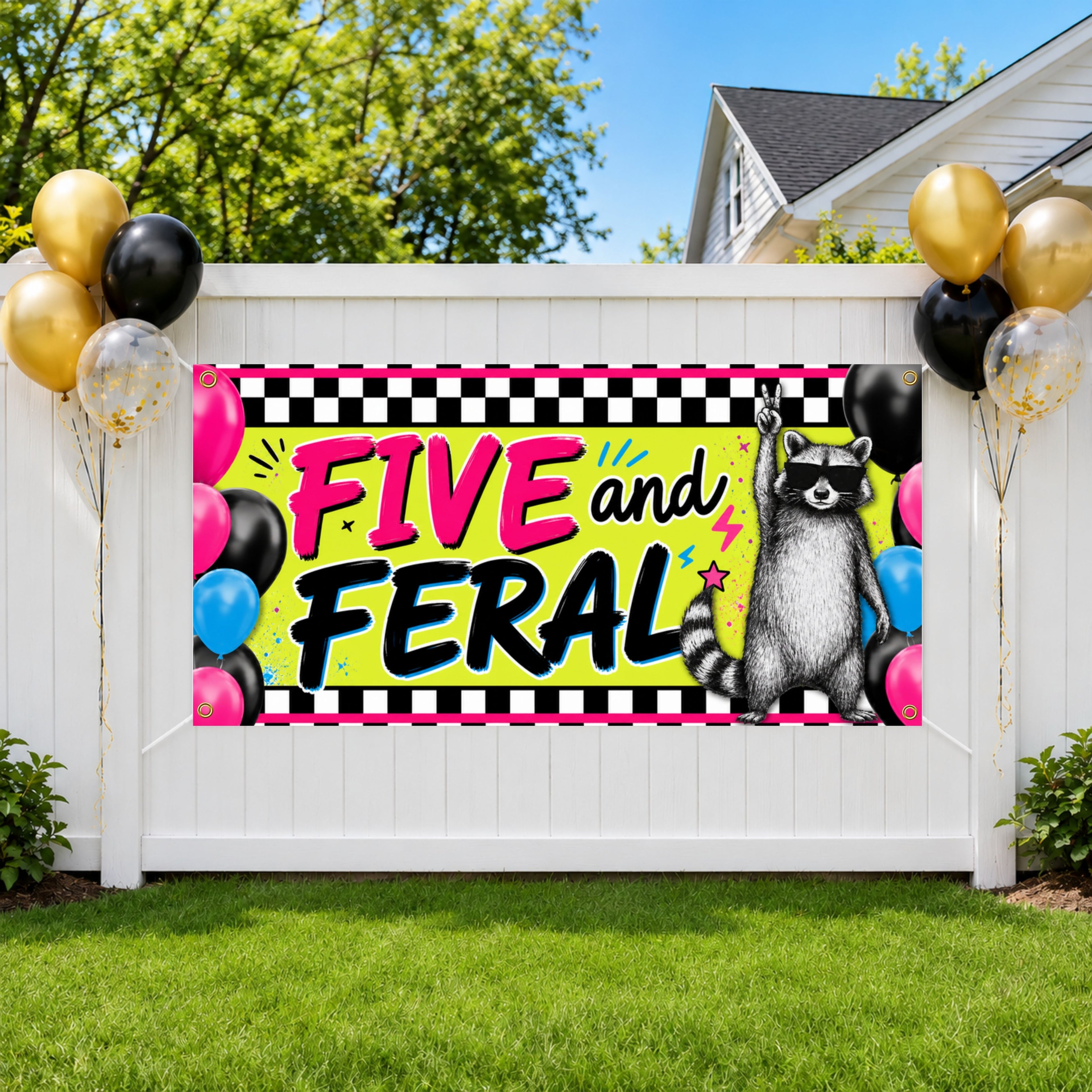 Funny 5th Birthday Banner, Raccoon Party Sign, Kid Backdrop