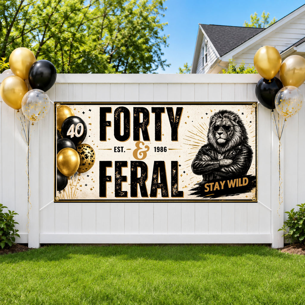 Funny 40th Birthday Banner, Feral Forty Lion Sign, Stay Wild Party Backdrop