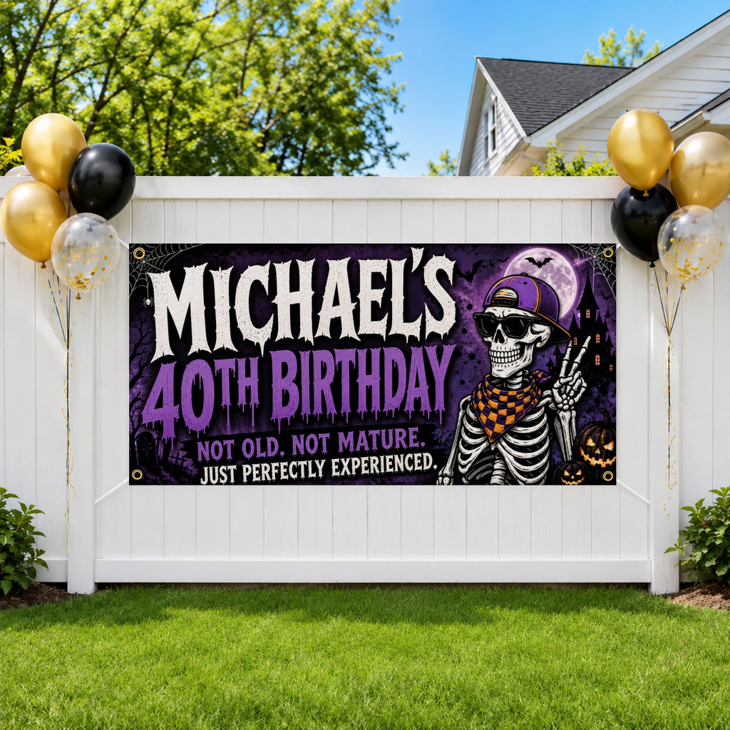 Personalized 40th Birthday Banner, Skeleton Party Sign, Custom Name Backdrop