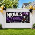 Personalized 40th Birthday Banner, Skeleton Party Sign, Custom Name Backdrop