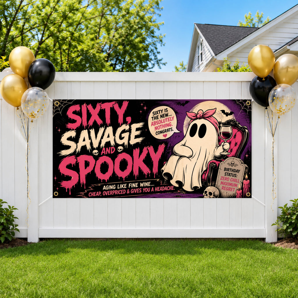 Funny 60th Birthday Banner, Sixty Savage And Spooky Party Sign, Ghost Backdrop