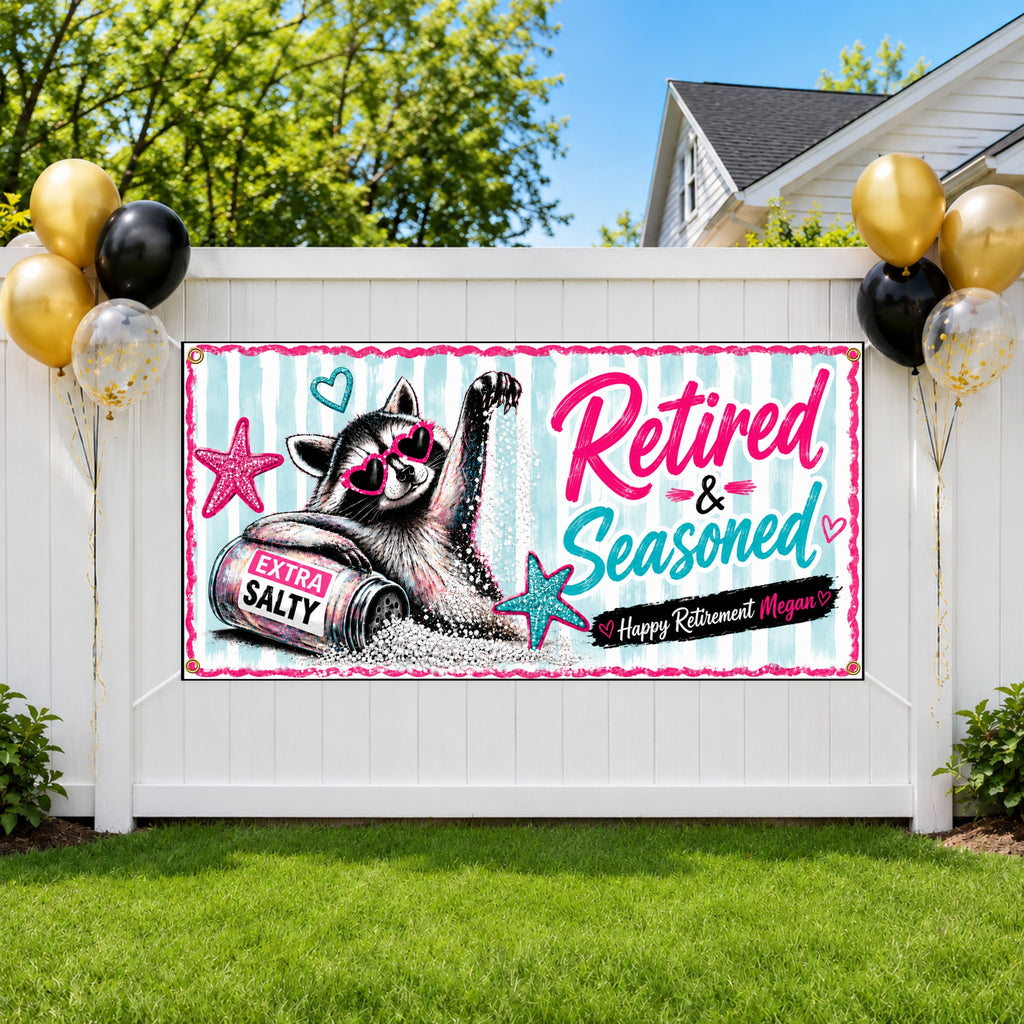 Funny Retirement Banner, Salty Raccoon Sign for Women at the Office