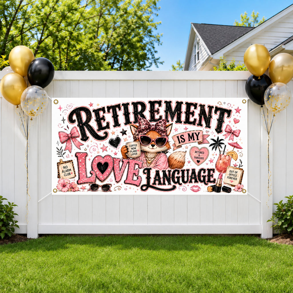 Funny Retirement Banner, Love Language Sign, Women Office Backdrop