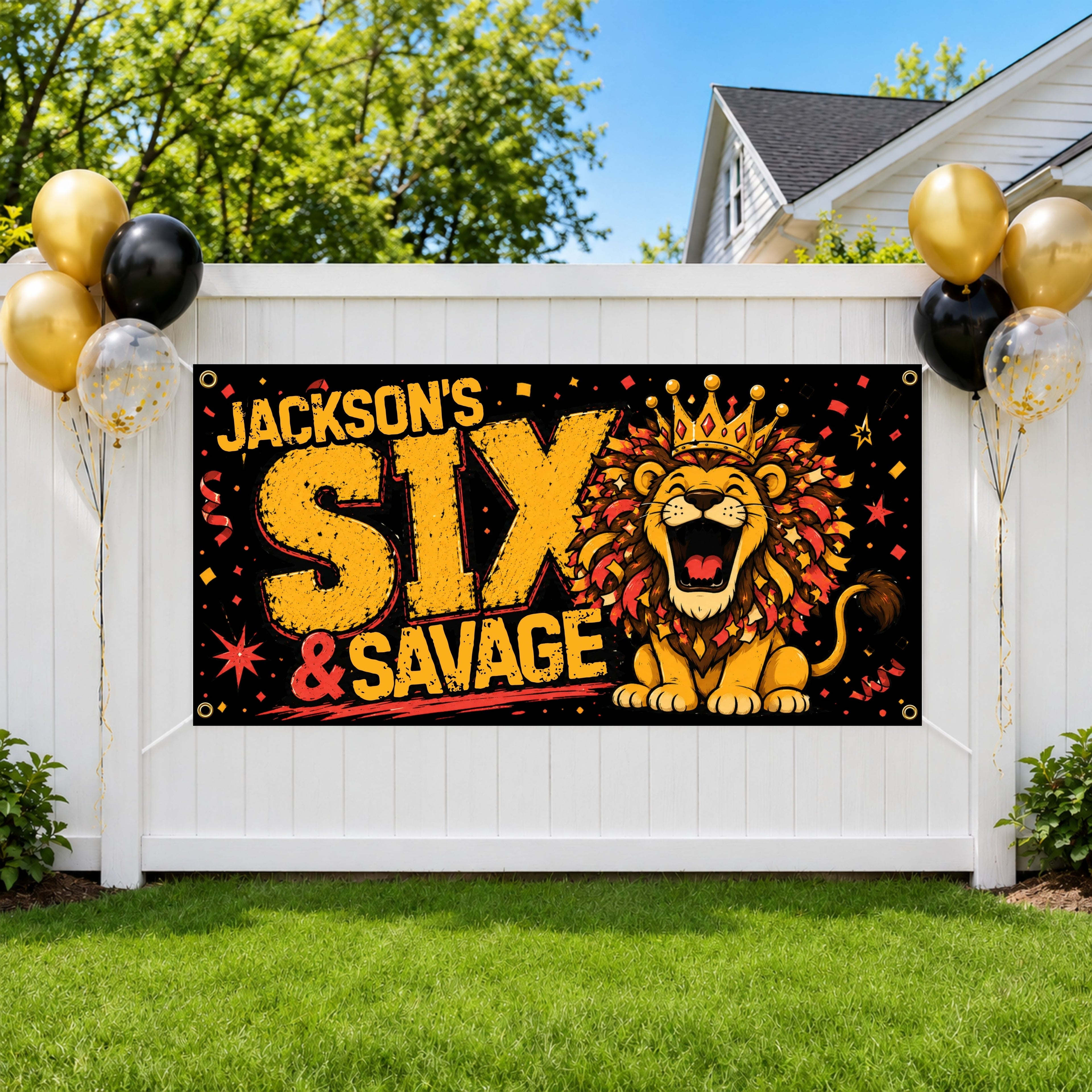 6th Birthday Lion Birthday Banner, Funny Six & Savage Wild Sixth Birthday Celebration