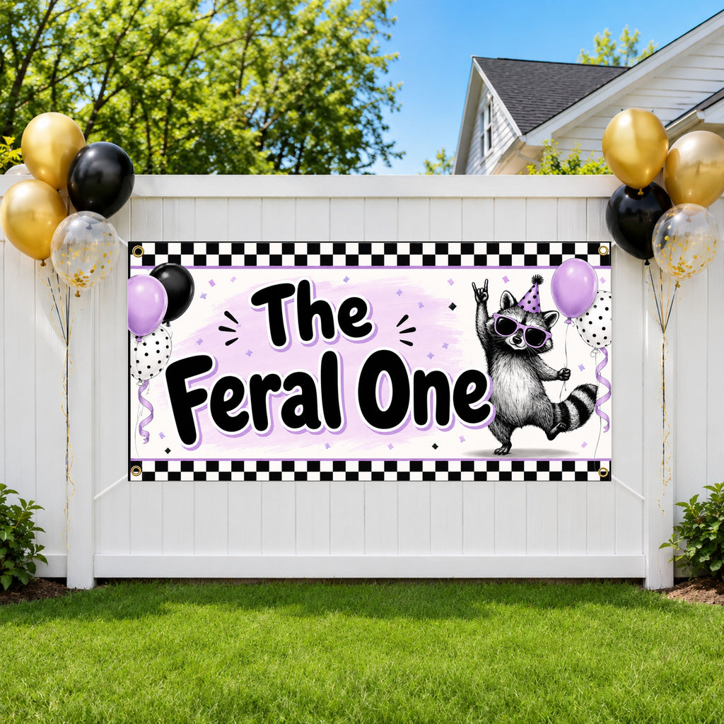 Funny 1st Birthday Banner, Feral One Raccoon Sign, Party Backdrop