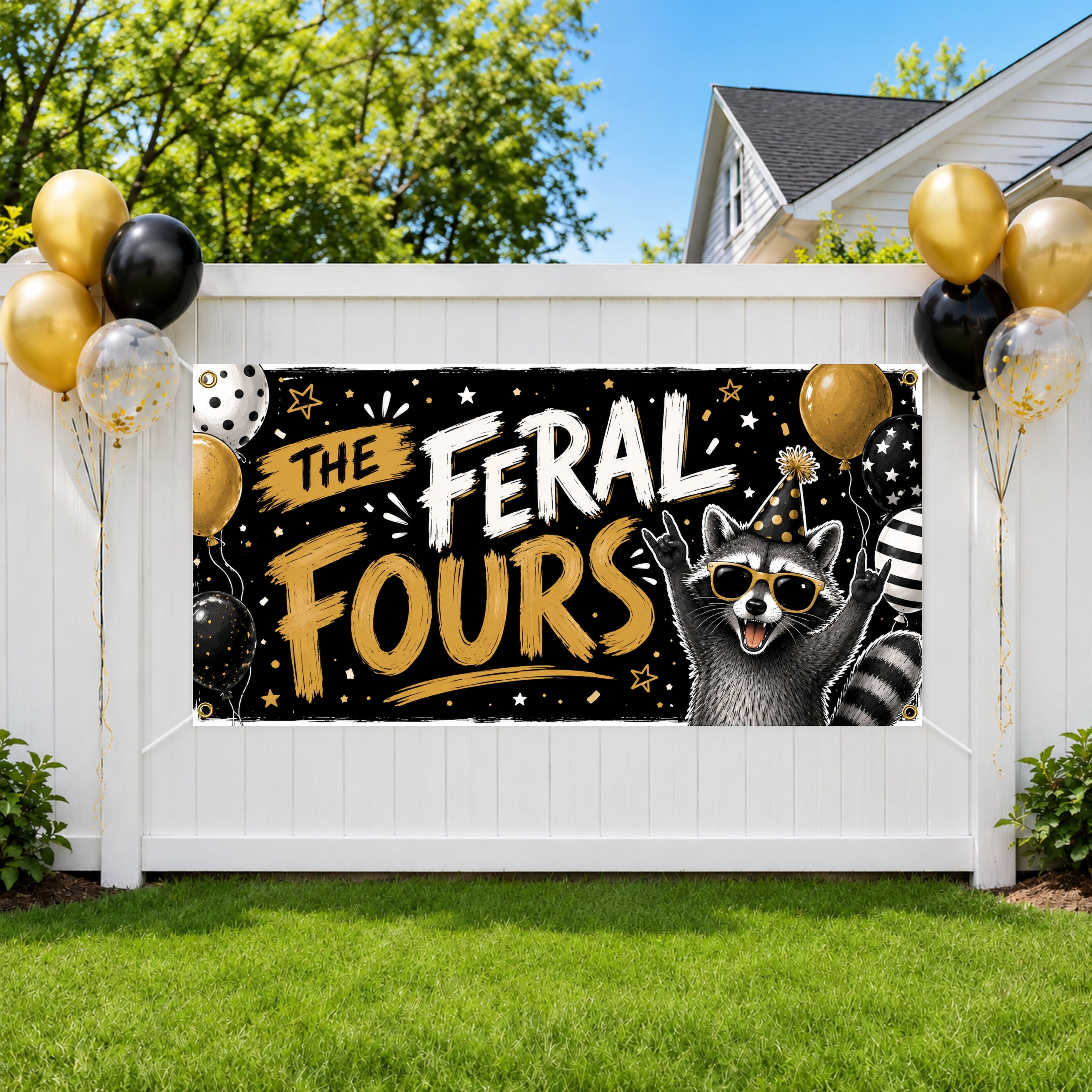 Feral Fours Birthday Banner, 4th Birthday Party Decor,  Funny Raccoon Birthday Sign
