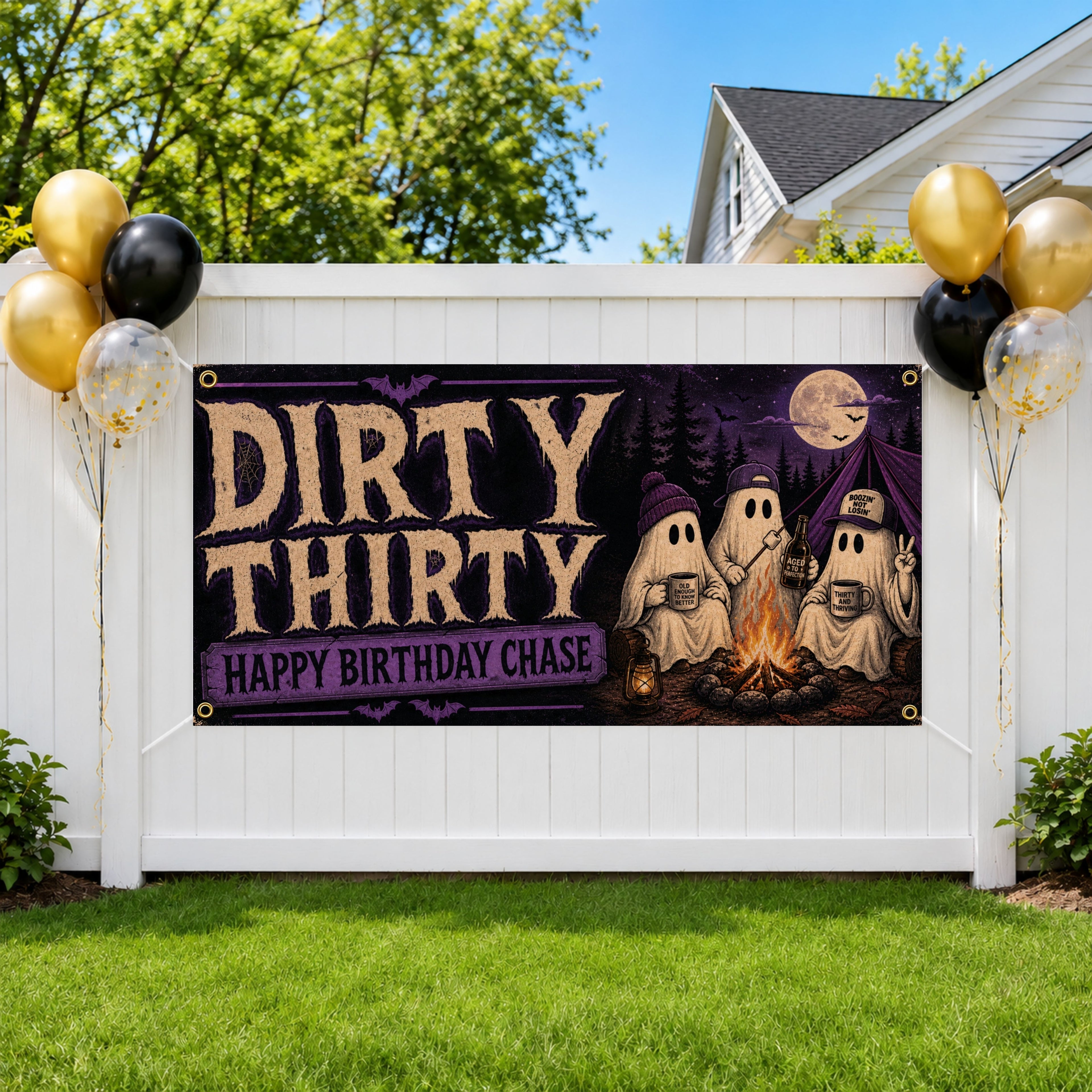 Funny 30th Birthday Banner, Dirty Thirty Ghost Party Sign, Camping Backdrop