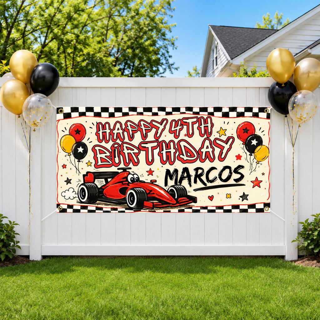 Race Car 4th Birthday Banner, Personalized Fourth Birthday Racing Party Decor