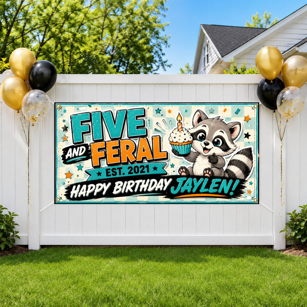 Funny 5th Birthday Banner, Raccoon Party Sign, Boy Backdrop