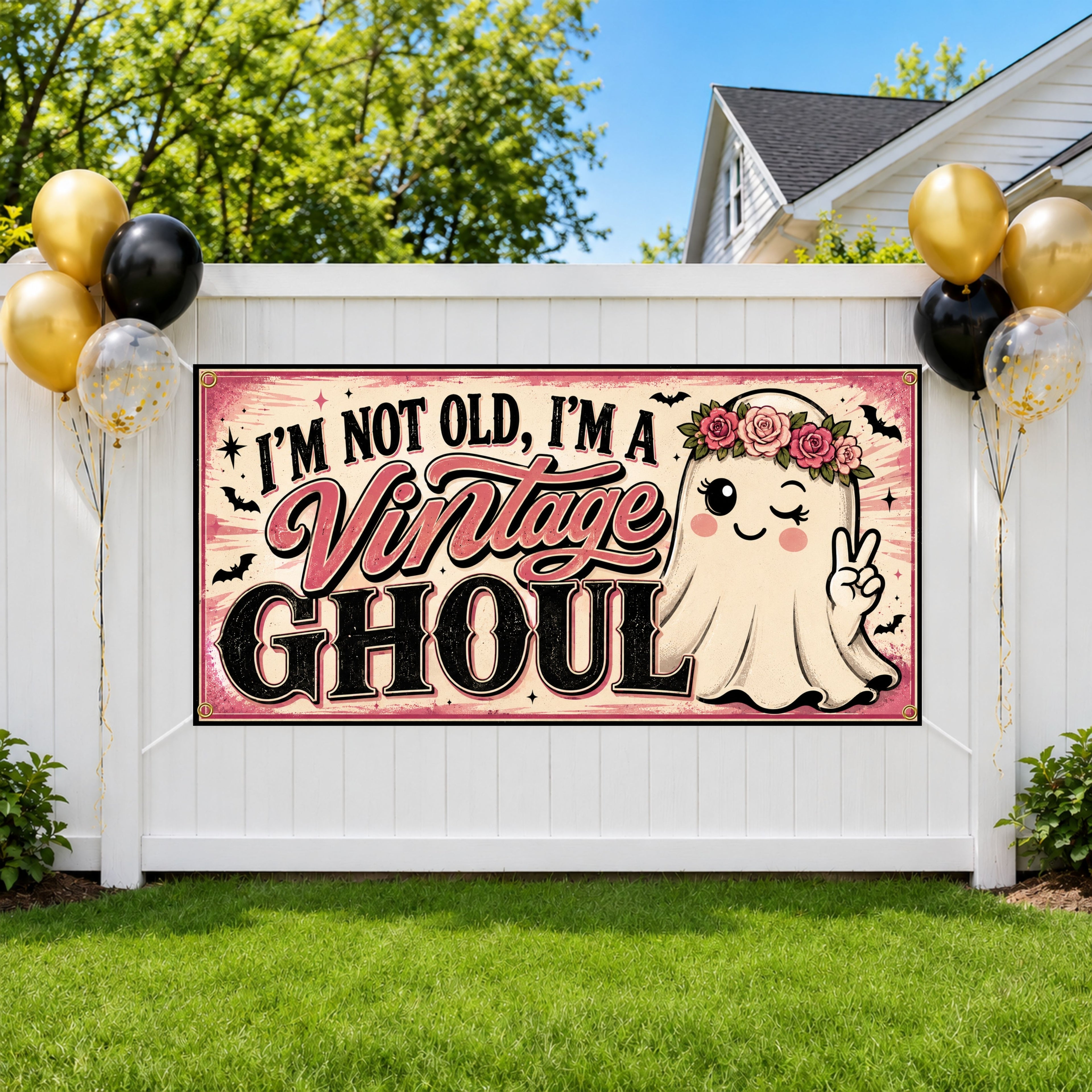 Funny Vintage Ghoul Birthday Banner, Halloween Party Backdrop, Custom Ghost Sign