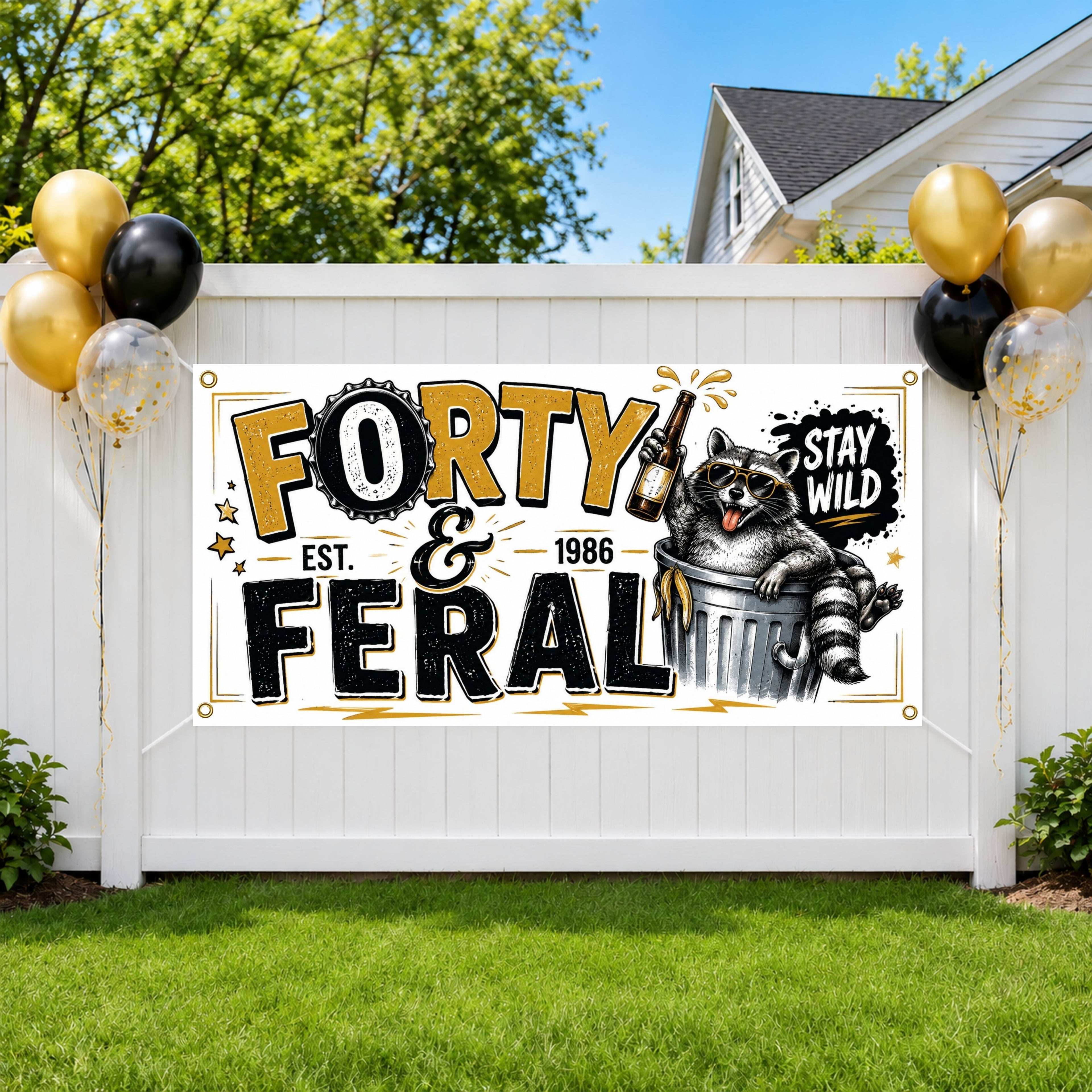 Funny 40th Birthday Banner, Stay Wild Raccoon Sign, Beer Party Backdrop