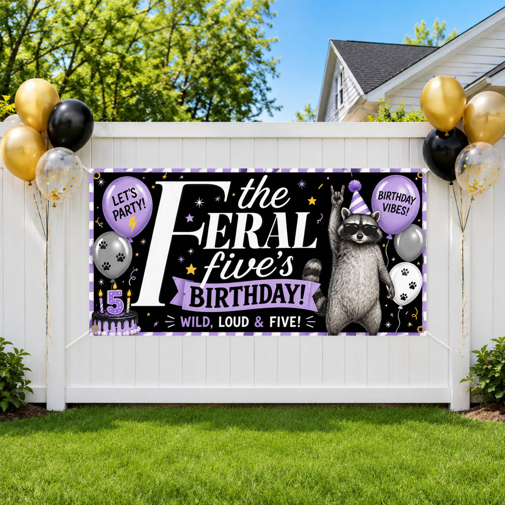 Funny 5th Birthday Banner, Feral Five Raccoon Sign, Personalized Kids Birthday Banner