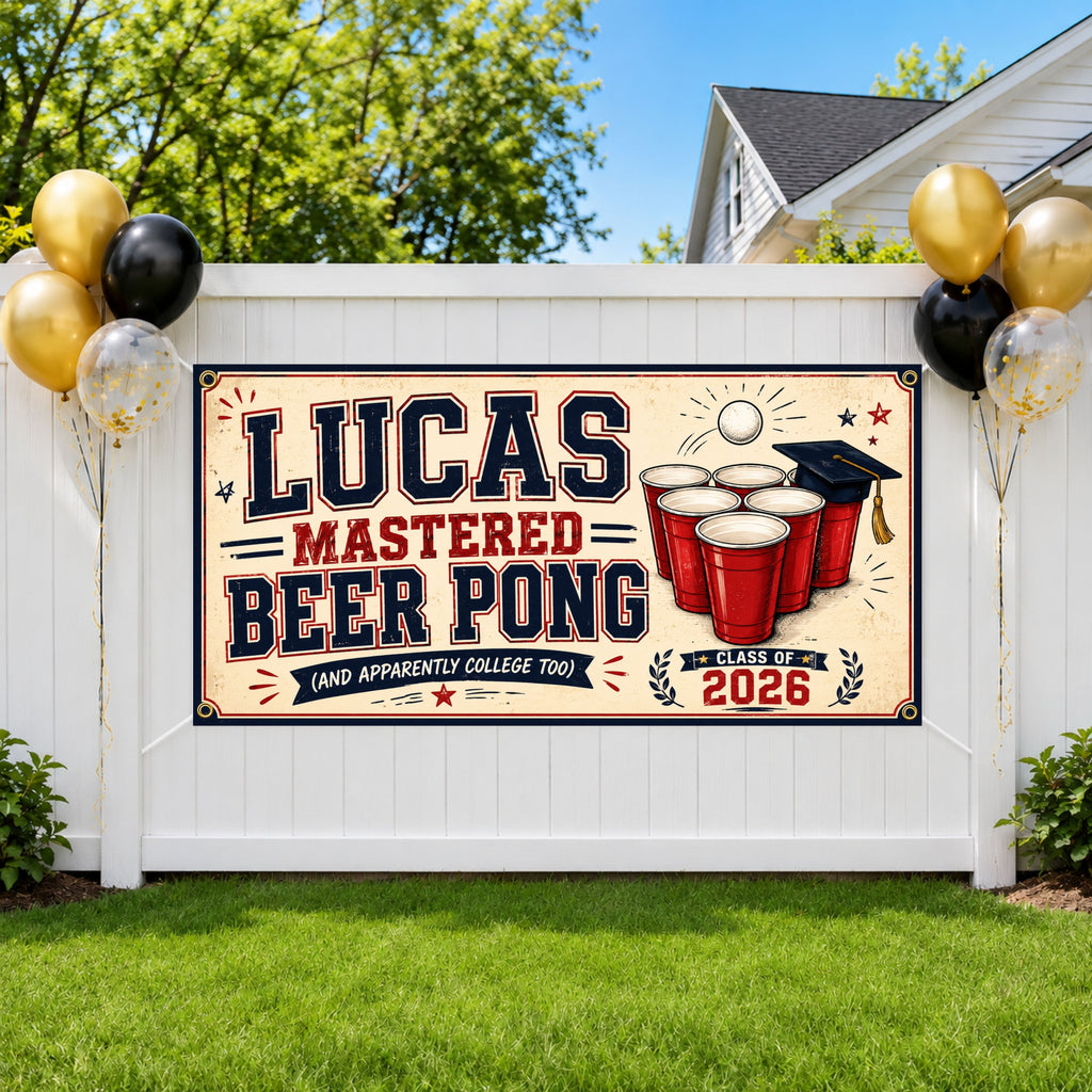 Funny Masters Graduation Banner, Beer Pong Grad Sign, College Backdrop