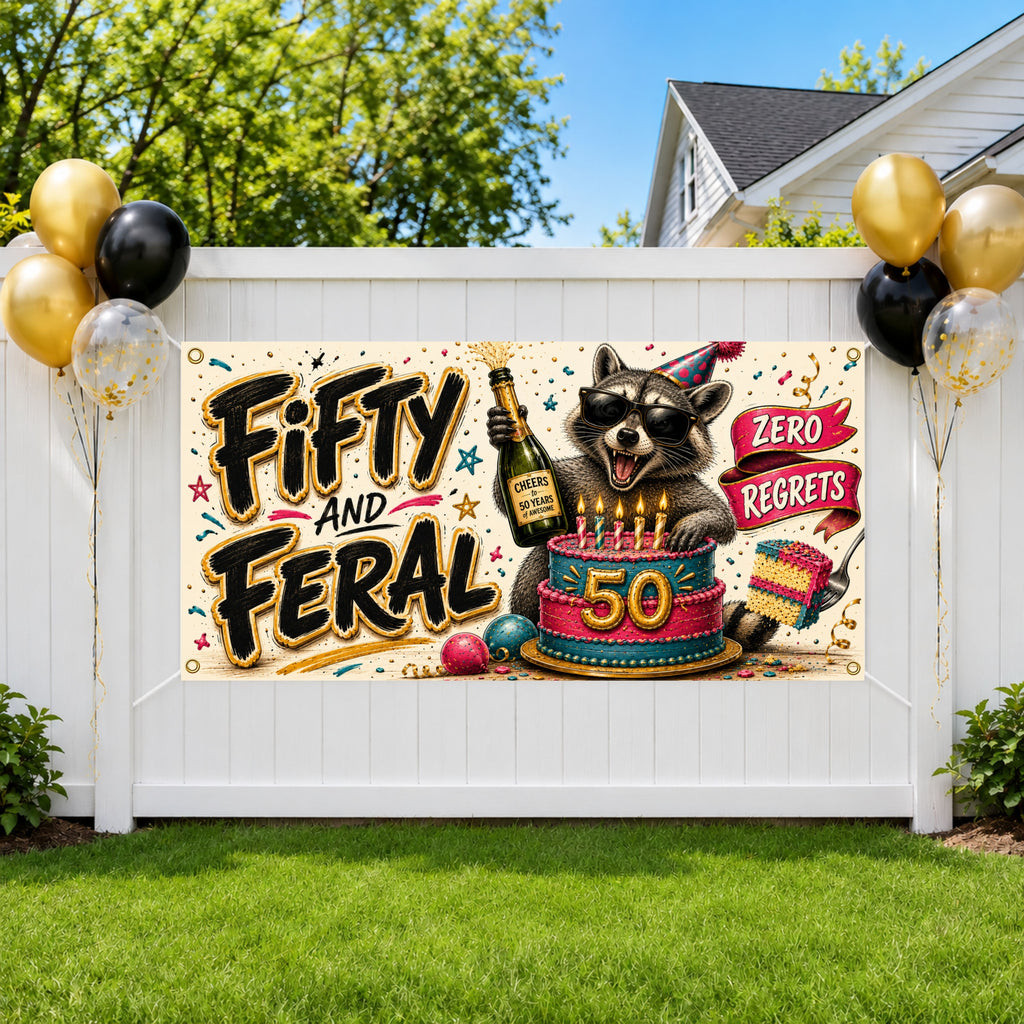 Funny 50th Birthday Banner, Fifty And Feral Sign, Zero Regrets Party Backdrop