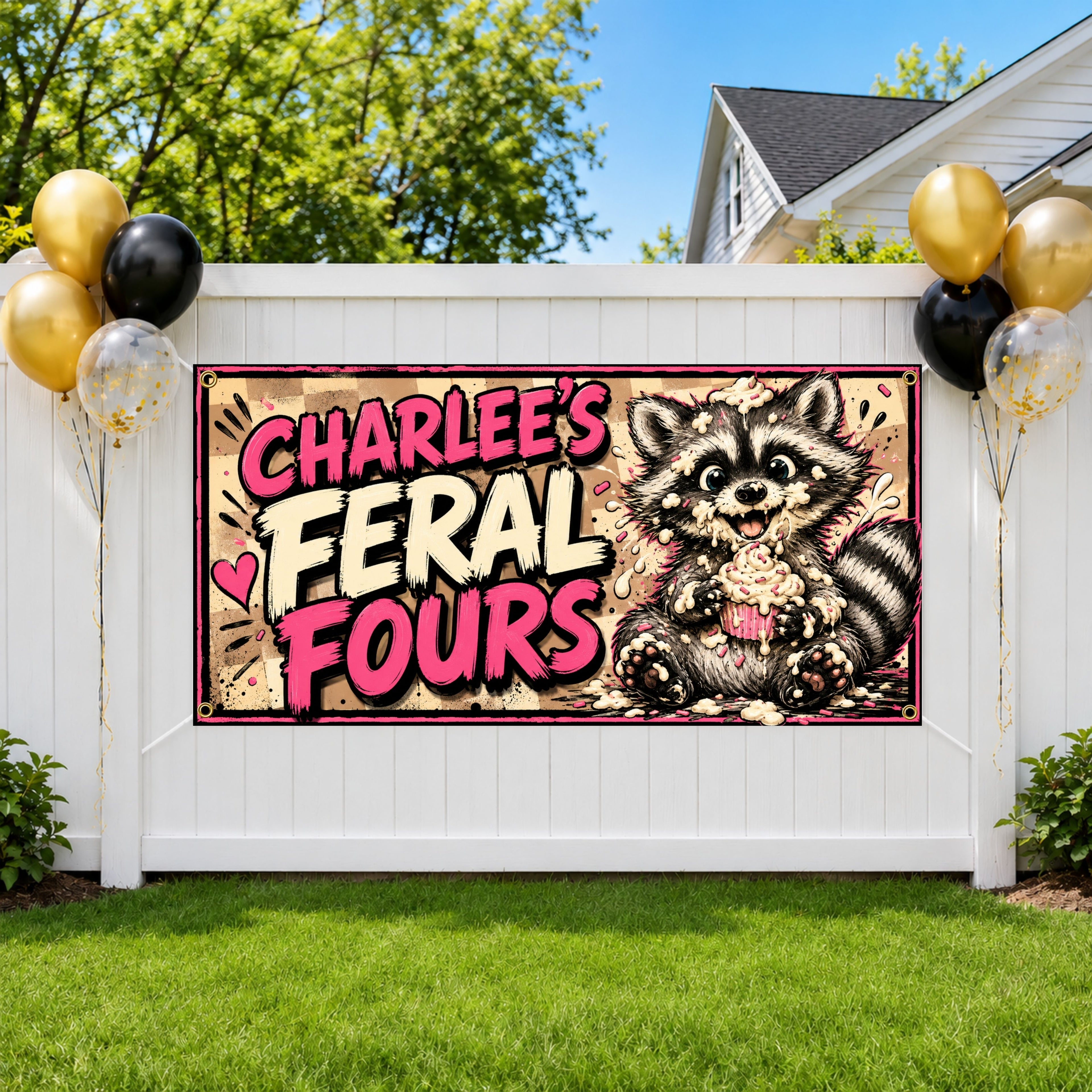 Funny 4th Birthday Banner, Feral Raccoon Sign, Kid Backdrop