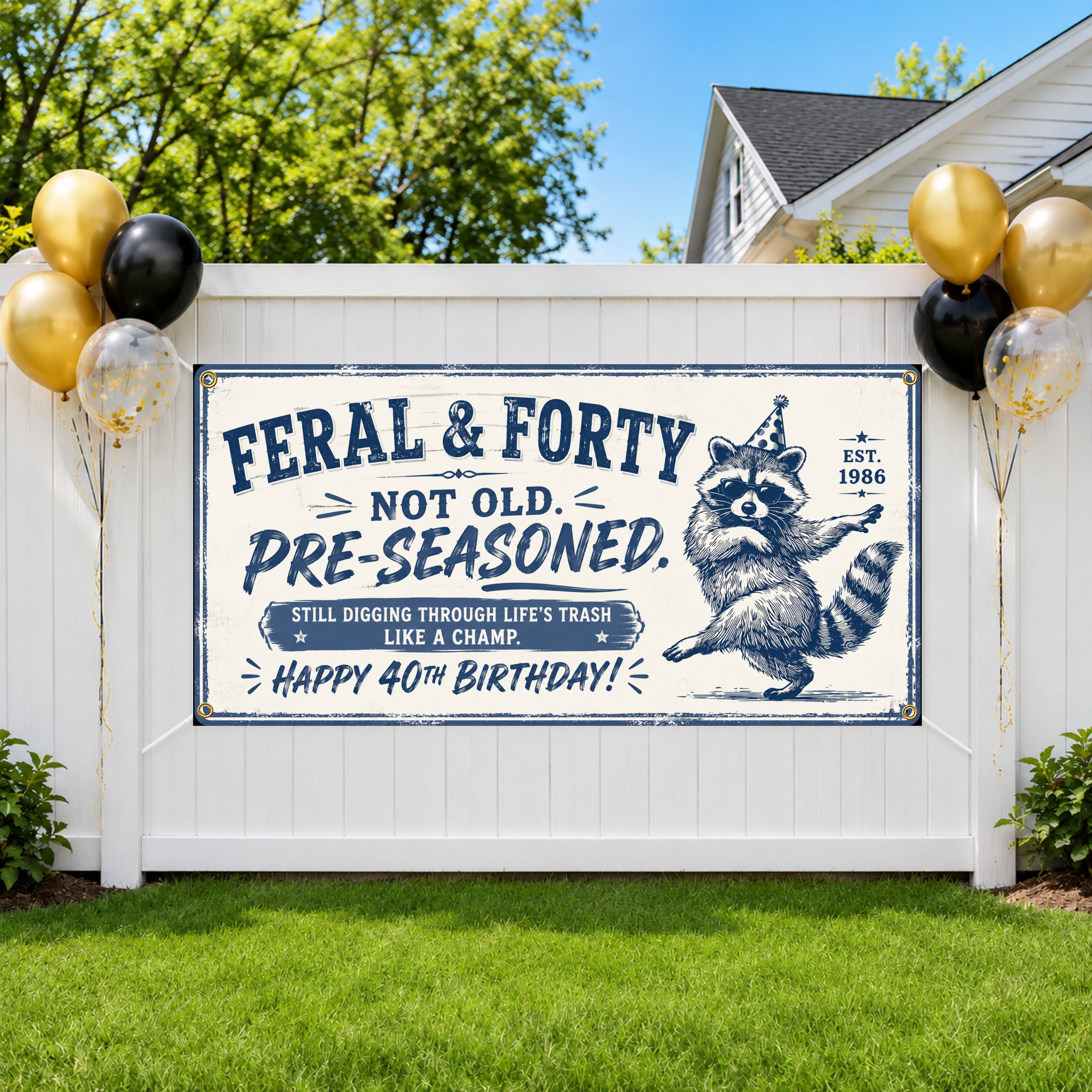 Funny 40th Birthday Banner, Feral Raccoon Sign, Party Backdrop