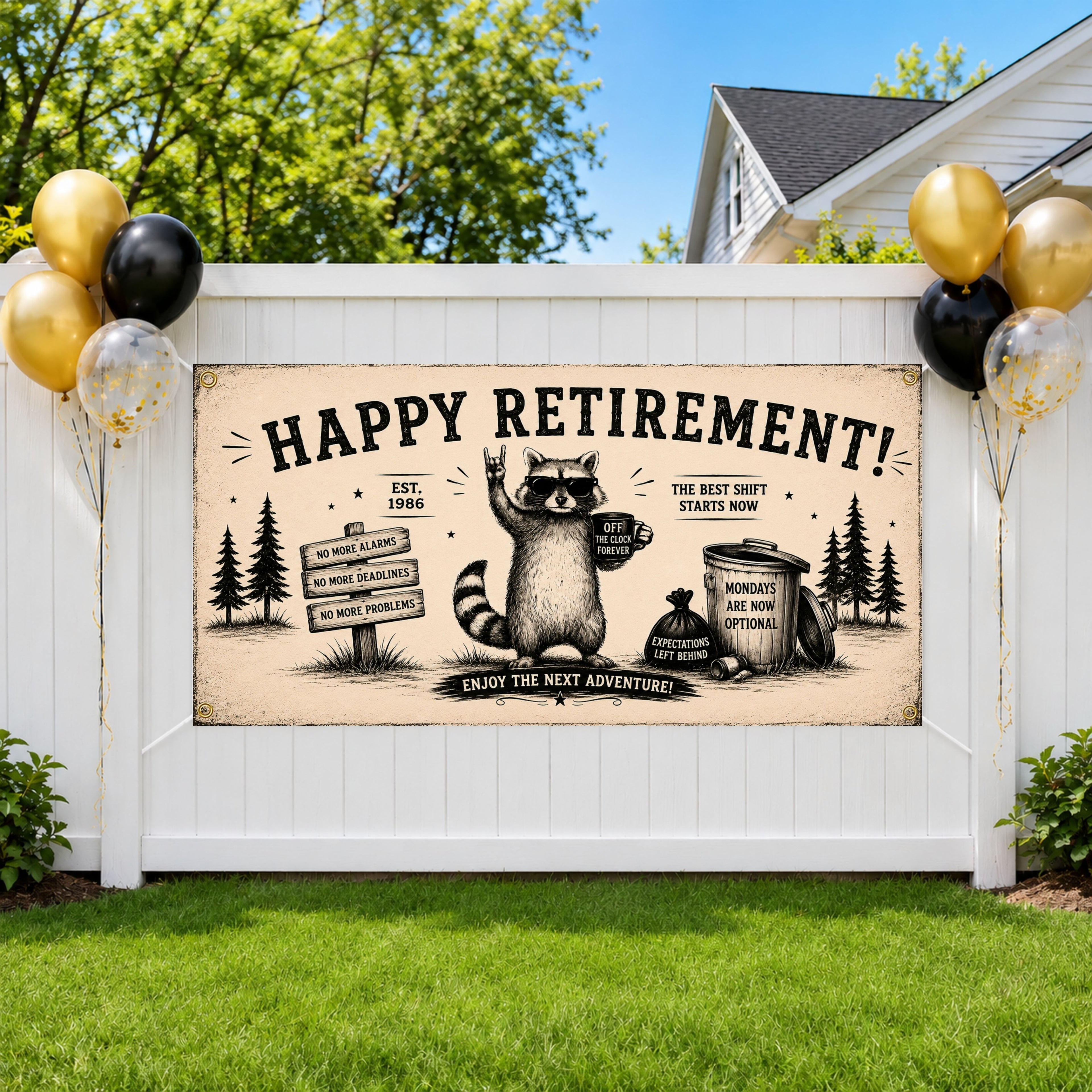 Funny Retirement Banner, Raccoon Retirement Sign, Farewell Party Backdrop