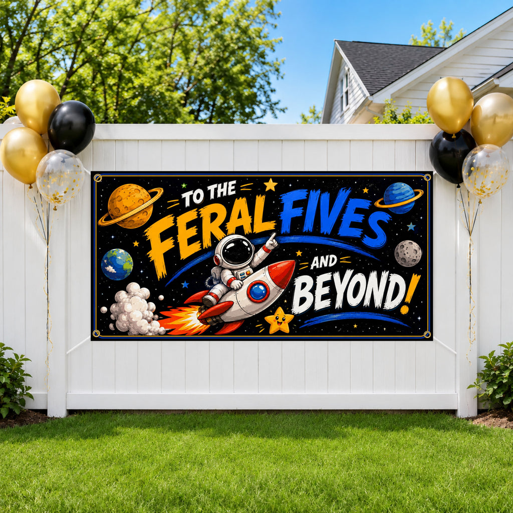 5th Birthday Banner, Feral Fives Party Backdrop, Space Birthday Sign