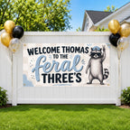 Feral Threes Birthday Banner, Three and 3 Year Old Birthday Party Decor, Funny Raccoon Third Birthday Sign for Wild Toddler Celebration