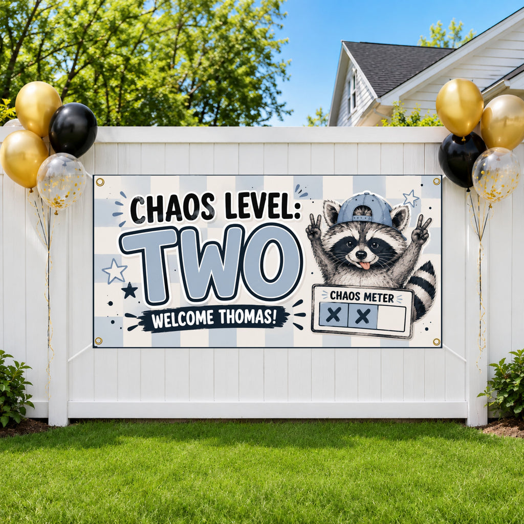 Chaos Level Two Birthday Banner, Funny Raccoon 2nd Birthday Party Decoration