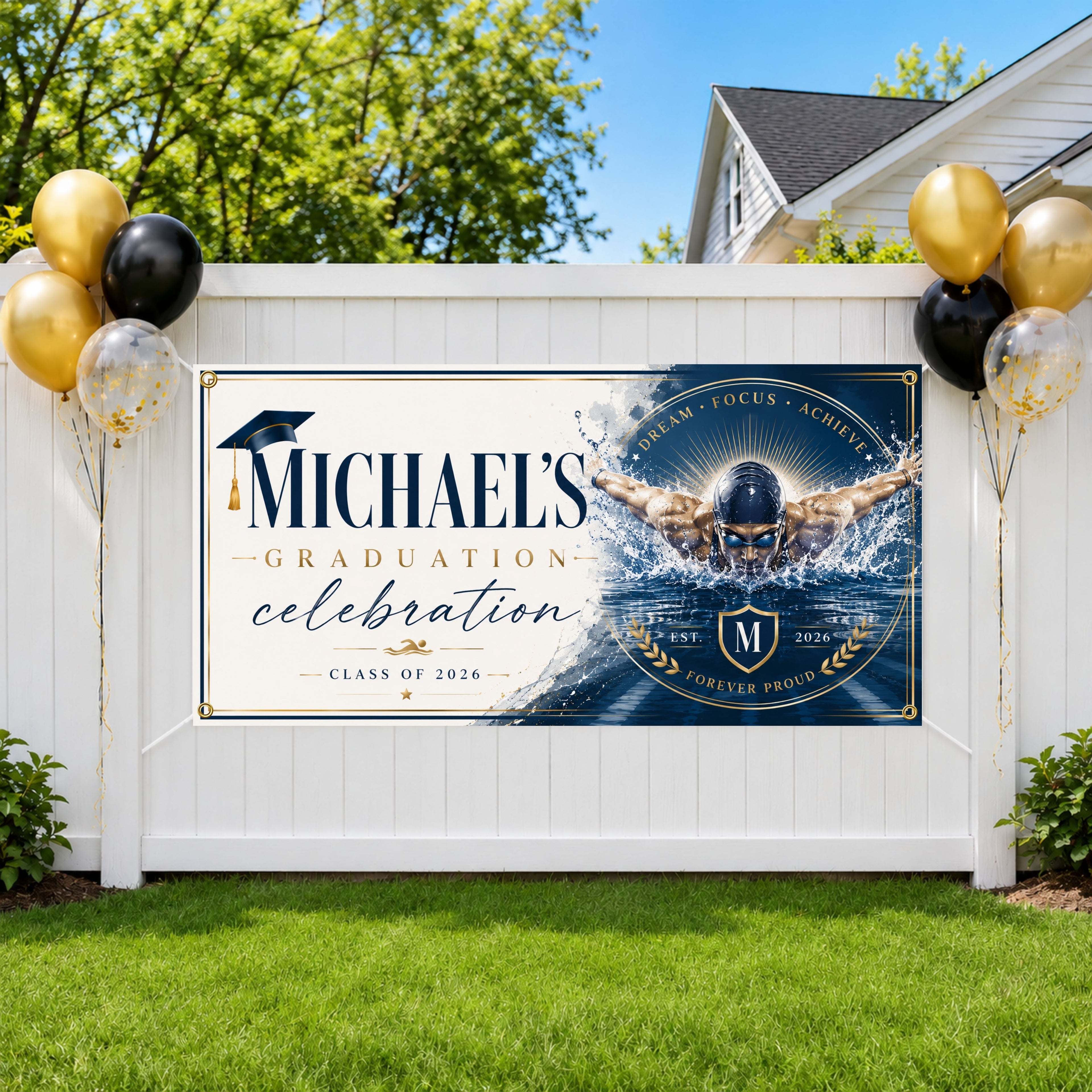 Swimming Graduation Banner, Senior Athlete Sign, Custom Name Backdrop
