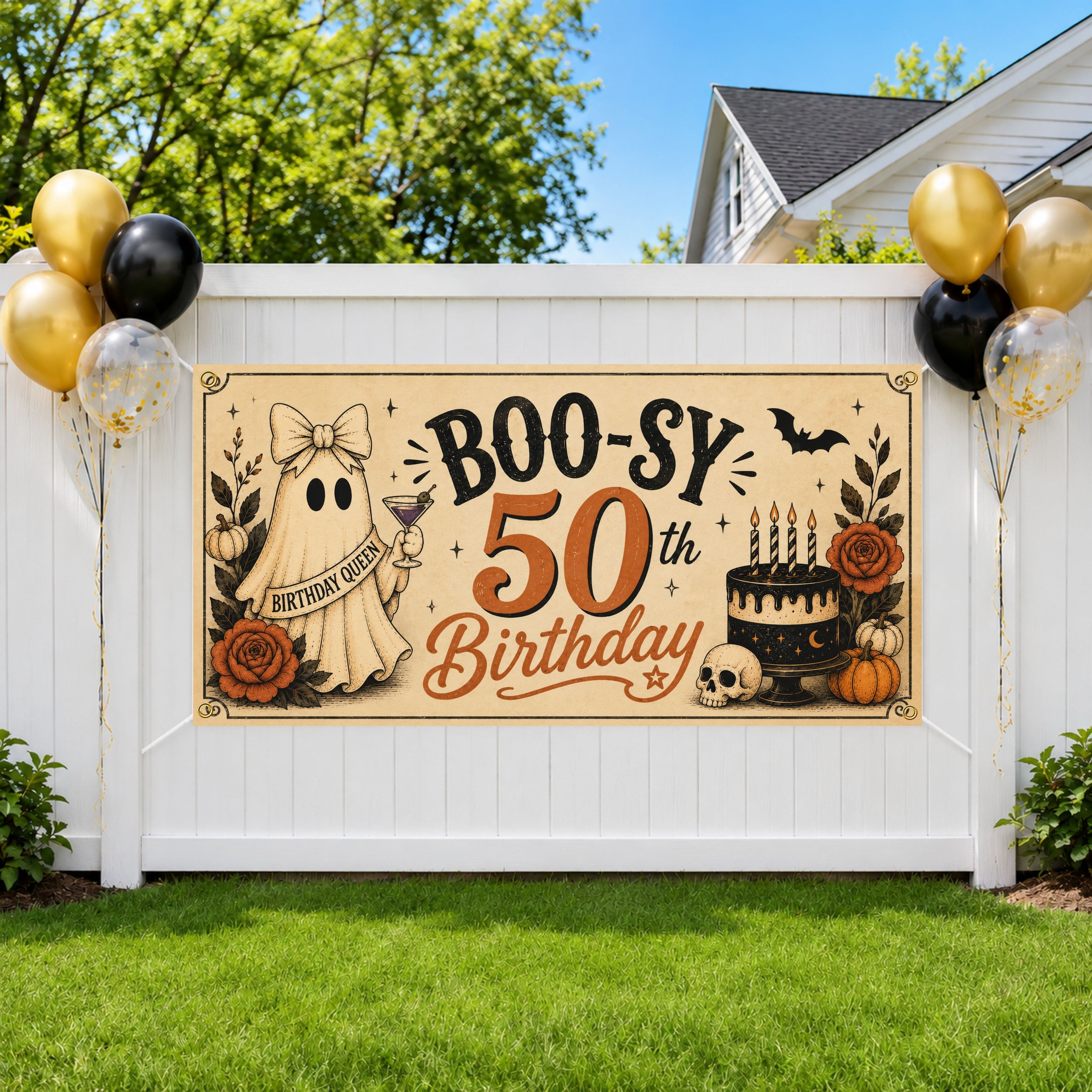 Funny 50th Birthday Banner, Ghost Party Backdrop, Spooky Birthday Decor
