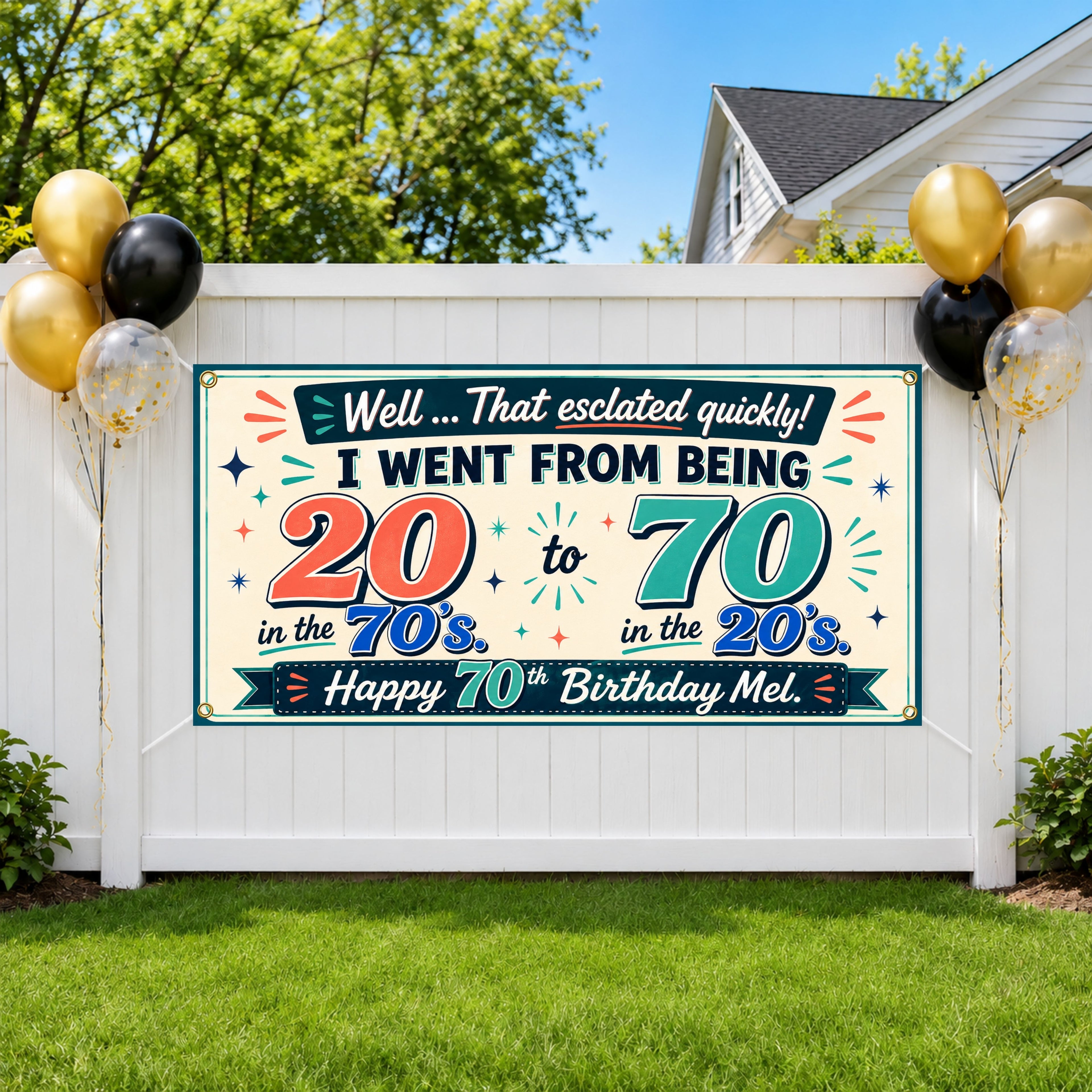 Funny 70th Birthday Banner, 20s and 70s Joke Sign, Party Backdrop