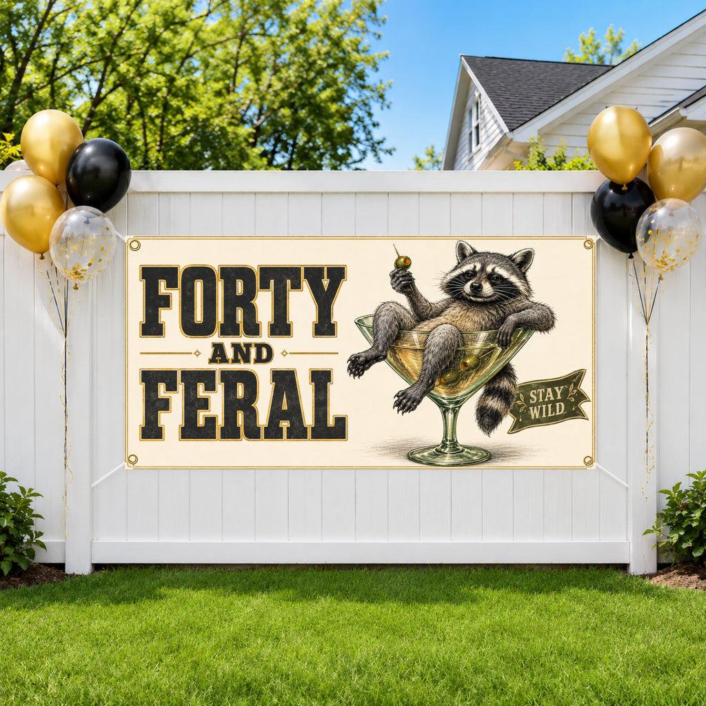 Funny 40th Birthday Banner, Forty And Feral Sign, Martini Party Backdrop