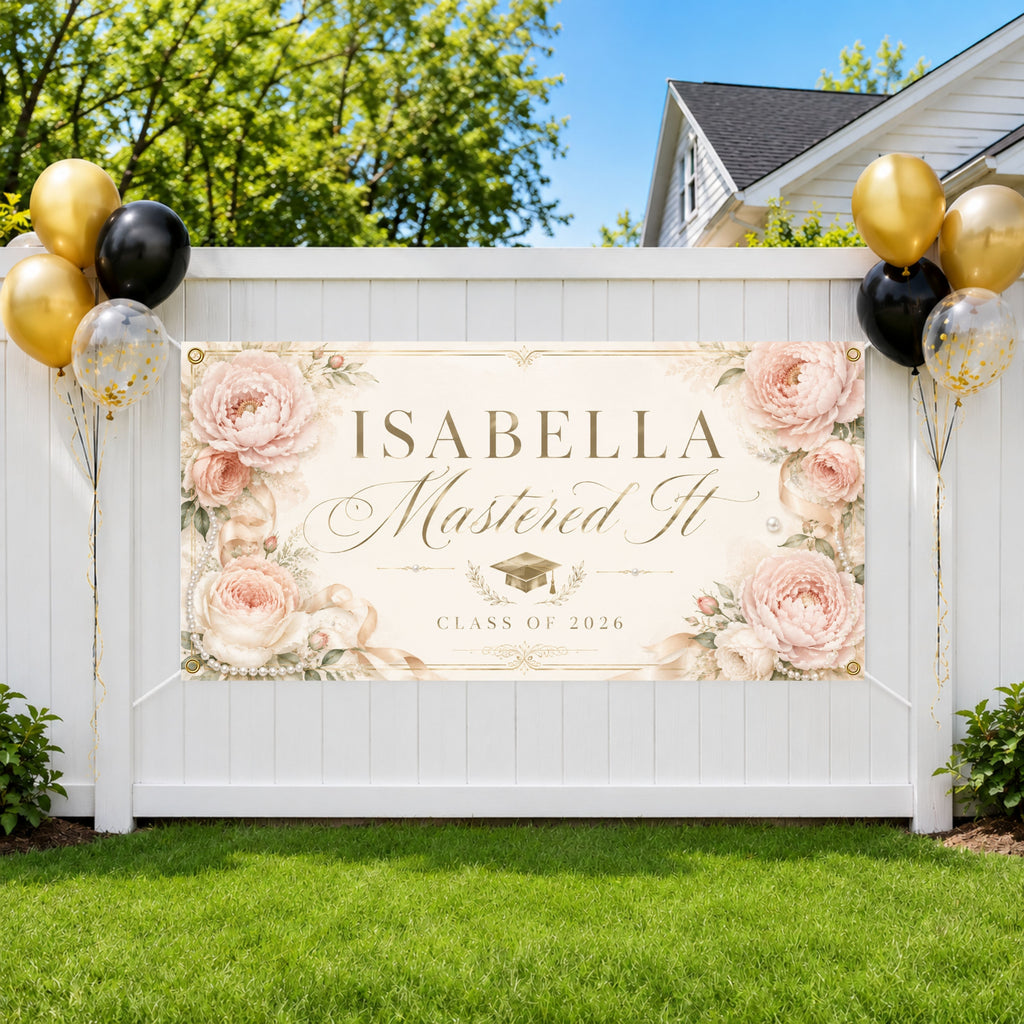 Masters Graduation Banner, Personalized Grad Party Sign, Floral Name Backdrop