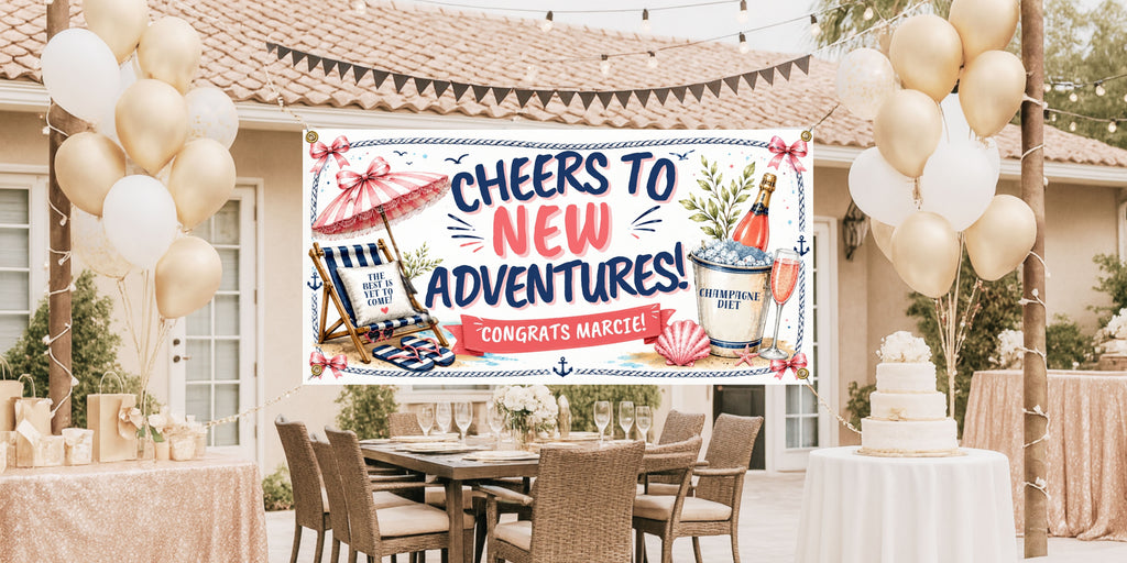 Funny Women's Retirement Banner | Cheers to New Adventures Coastal Champagne