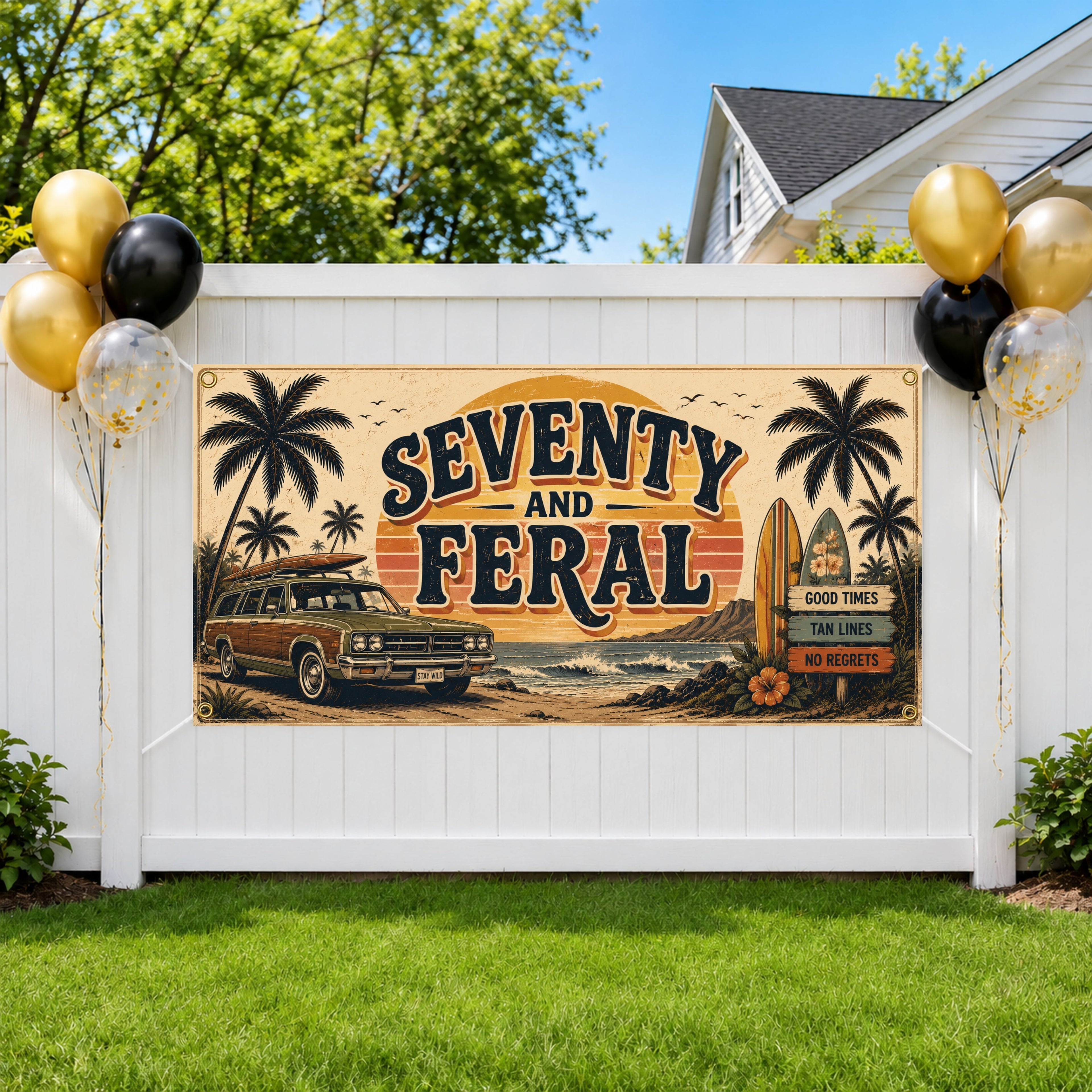 Funny 70th Birthday Banner, Seventy and Feral Party Sign, Custom Backdrop