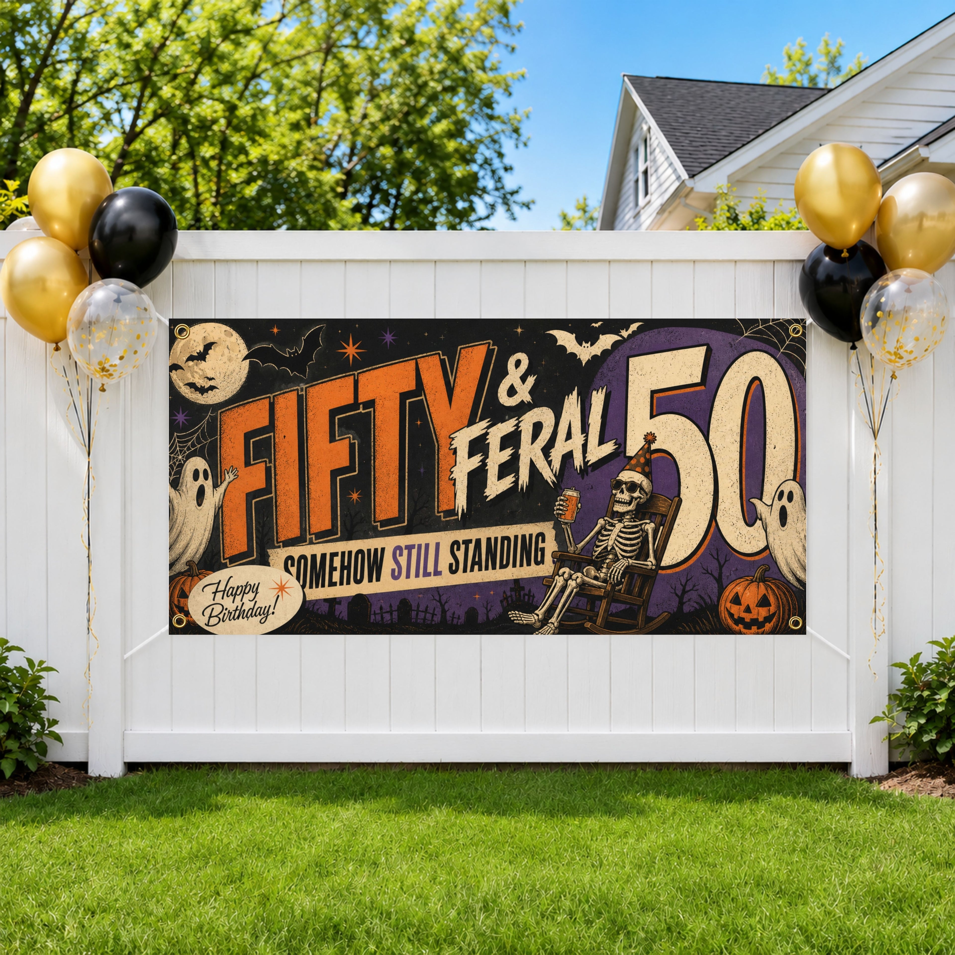 Funny 50th Birthday Banner, Fifty And Feral Skeleton Party Sign, Halloween Backdrop