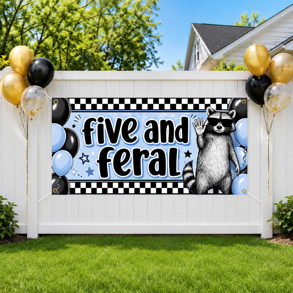 Five and Feral Birthday Banner, 5 Year Old Funny Raccoon Fifth Birthday Decor