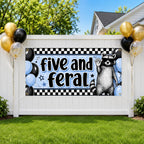 Five and Feral Birthday Banner, 5 Year Old Funny Raccoon Fifth Birthday Decor