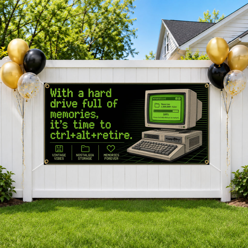 Funny Retirement Banner, Retro Computer Sign, Office Farewell Backdrop