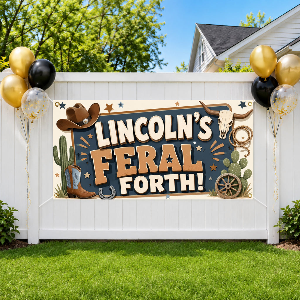 Feral Fourth Birthday Banner, Four and 4 Year Old Cowboy Western Birthday Party Decor
