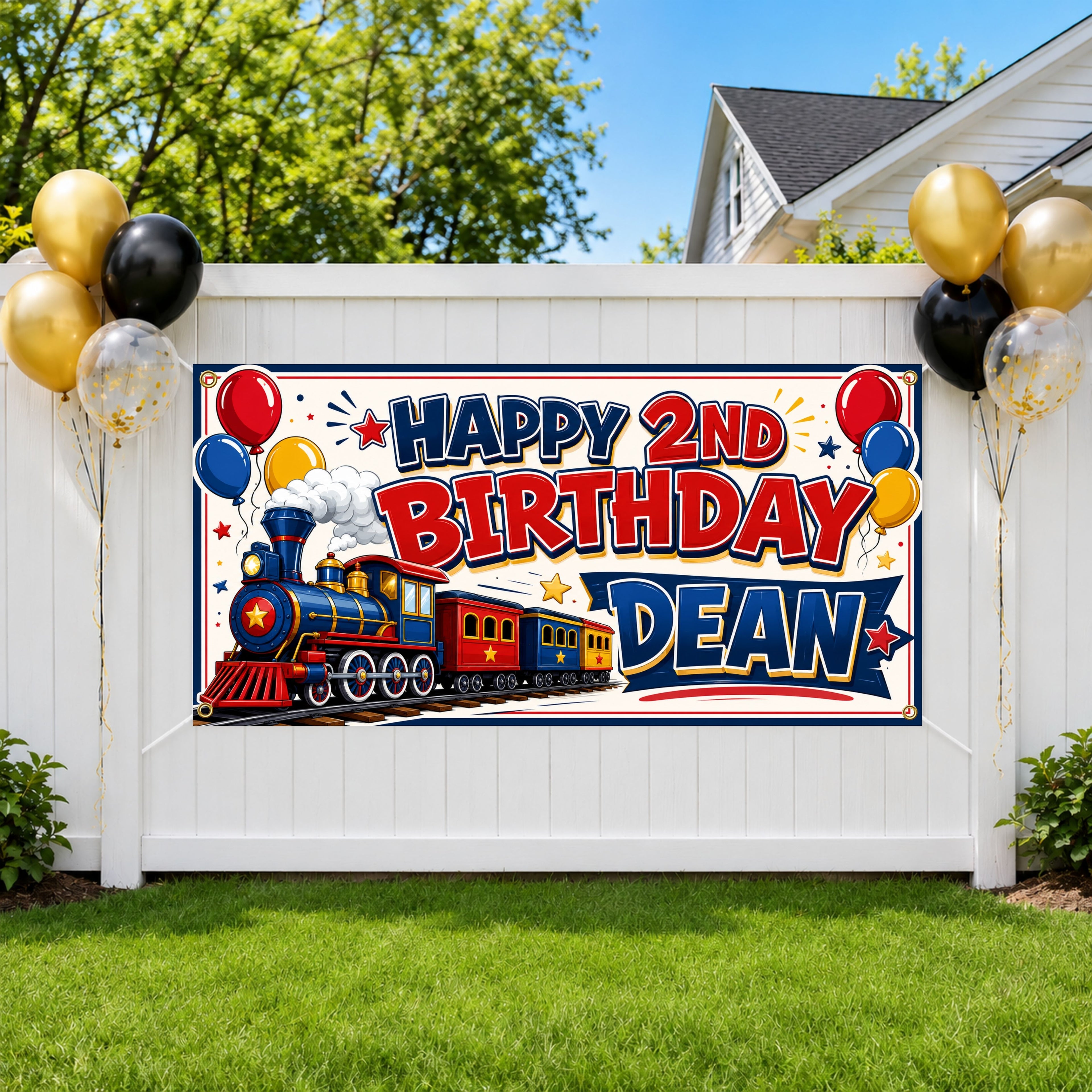 2nd Birthday Train Banner, Boy Party Sign, Personalized Backdrop