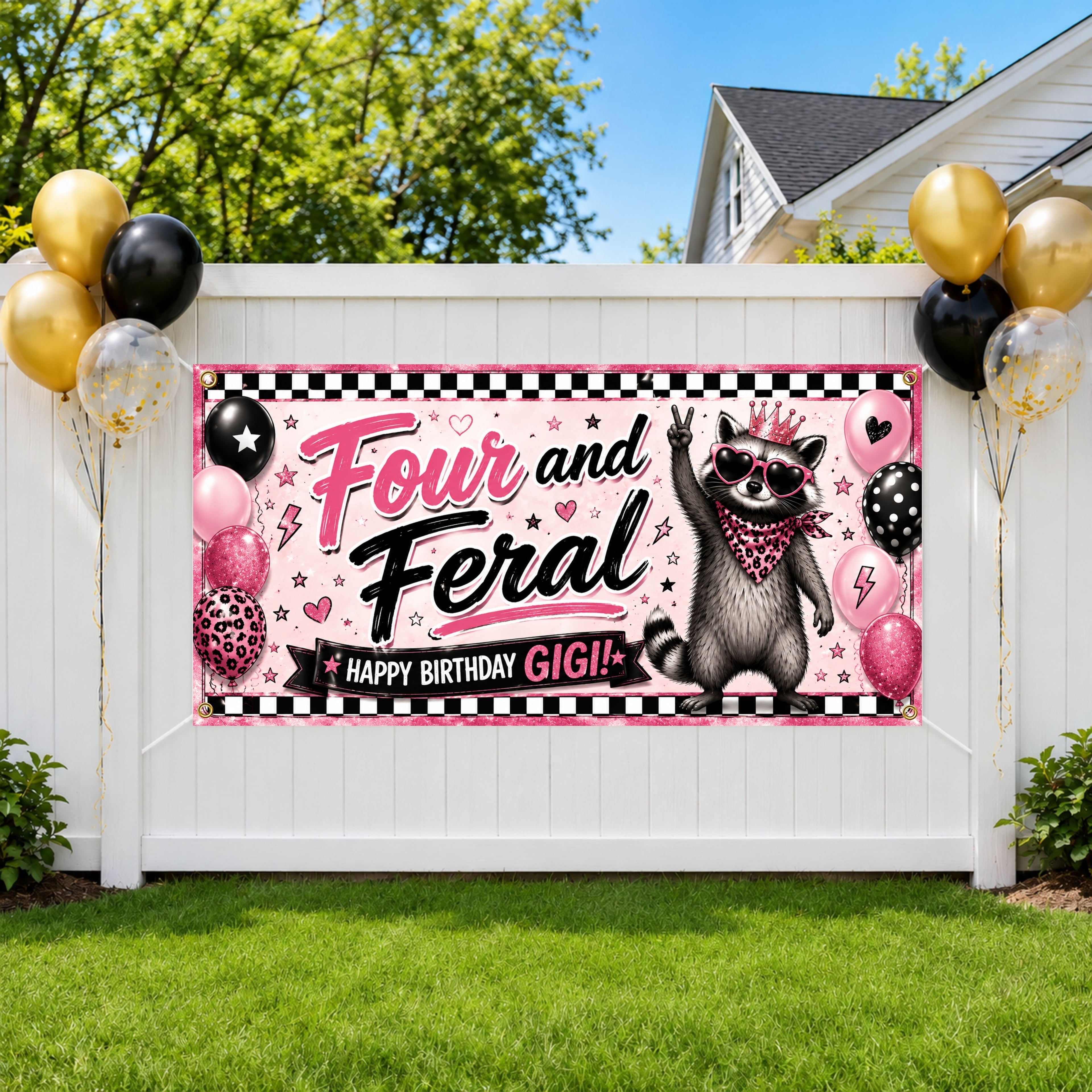 4th Birthday Banner, Four and Feral Party Backdrop, Funny Raccoon Sign