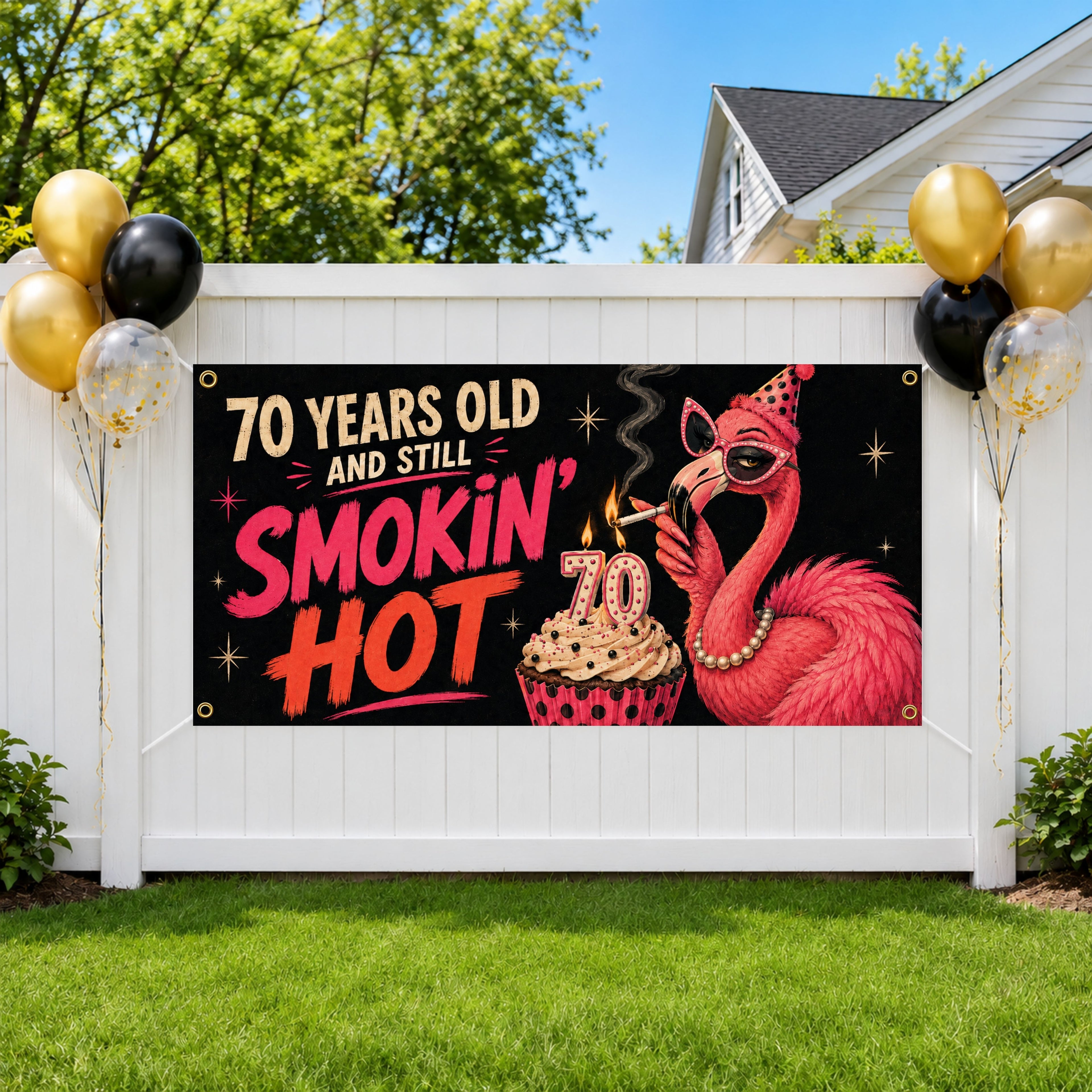 Funny 70th Birthday Banner, Flamingo Party Sign, Womens Backdrop
