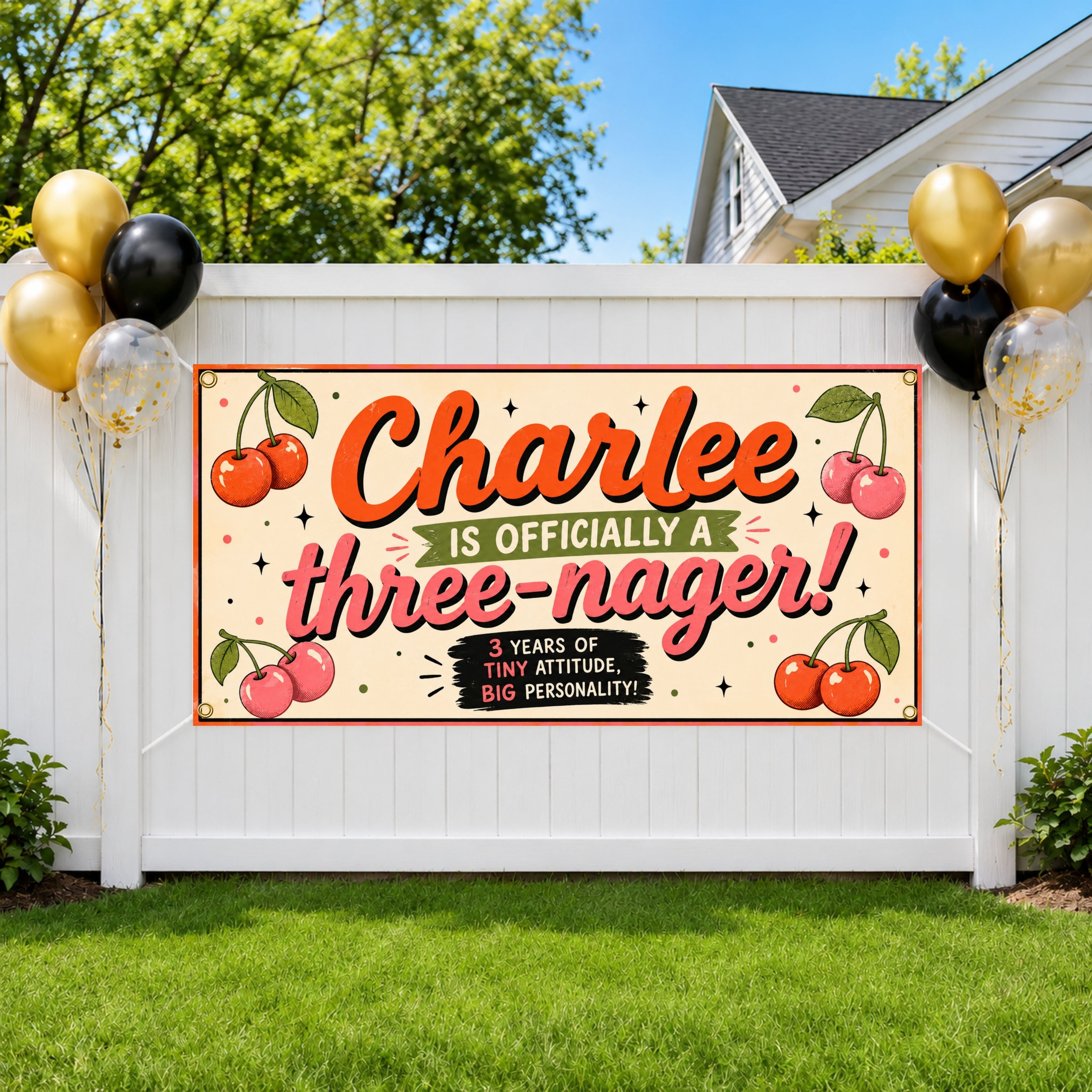 Three-nager Birthday Banner, 3rd Birthday Party Decor, Cherry Theme Birthday Sign, Three Year Old Celebration