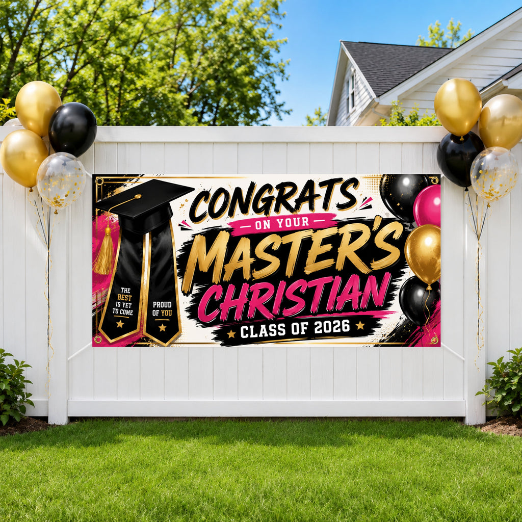 Masters Graduation Banner, Personalized Grad Party Sign, Custom Name Backdrop