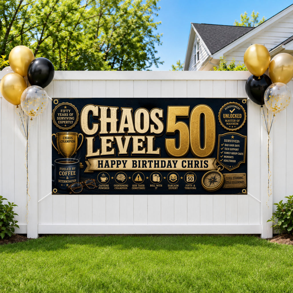 Funny 50th Birthday Banner, Chaos Level Fifty Sign, Personalized Backdrop