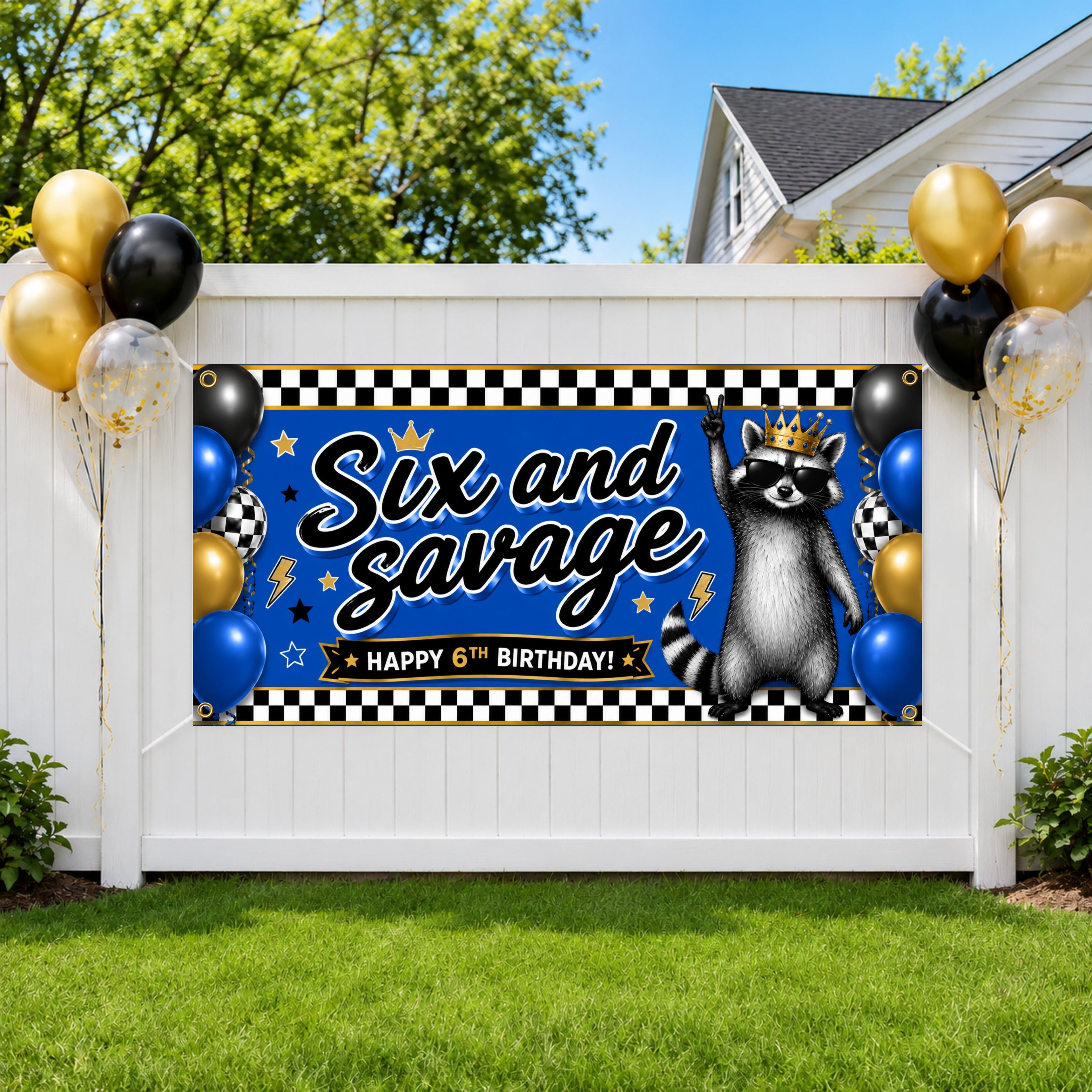Six and Savage Birthday Banner, 6 Year Old Funny Raccoon Birthday Party Decor